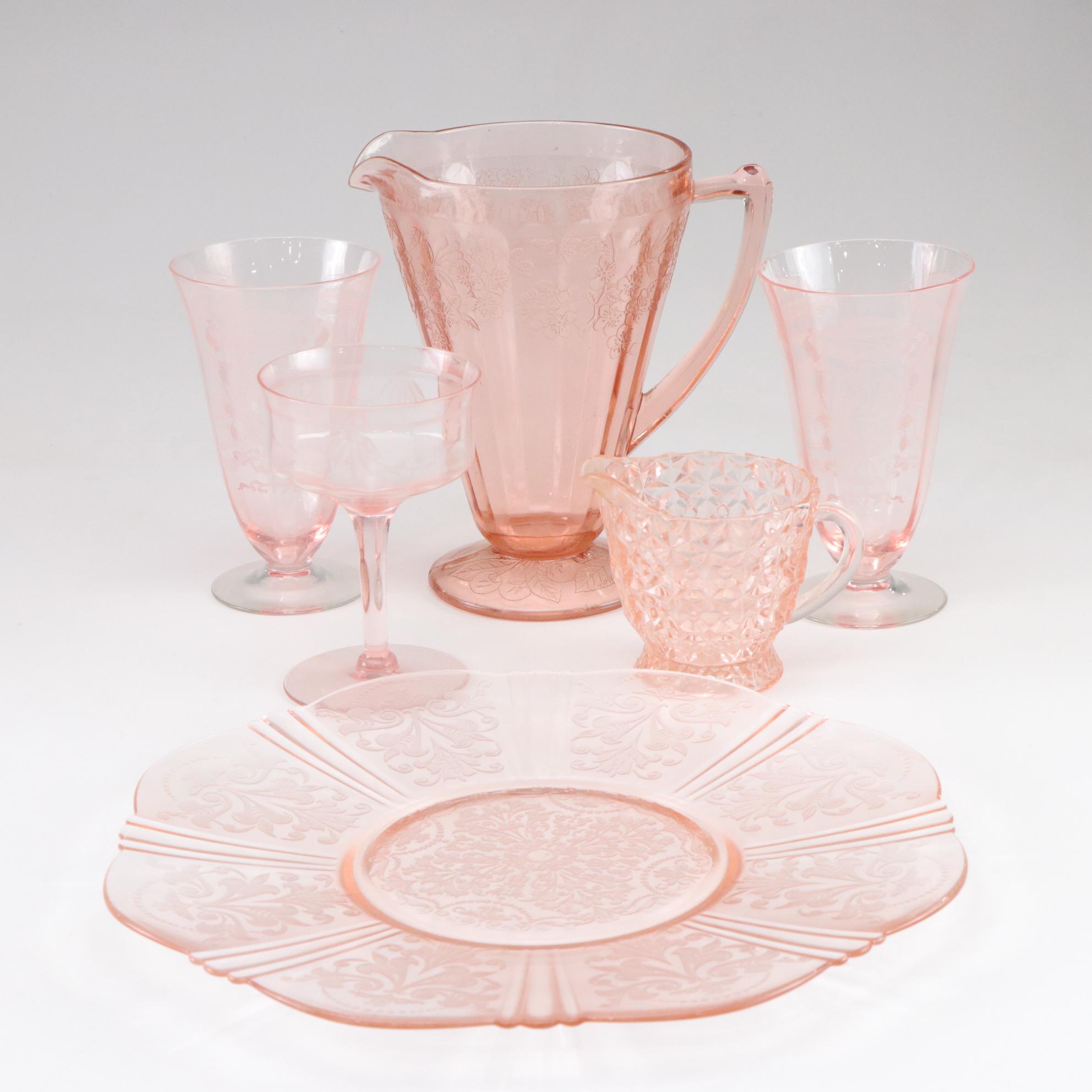 Jeannette Pink Blossom Depression Glass Pitchers with Tiffin Franciscan and More
