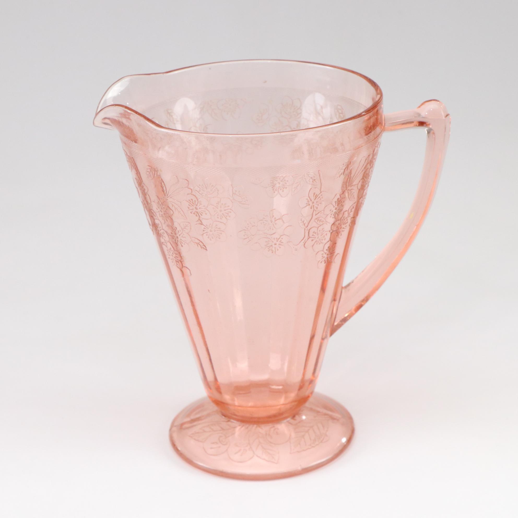 Jeannette Pink Blossom Depression Glass Pitchers with Tiffin Franciscan and More