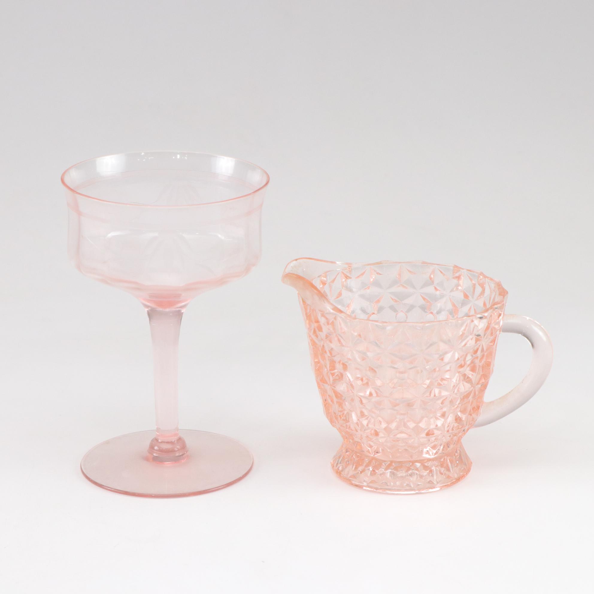 Jeannette Pink Blossom Depression Glass Pitchers with Tiffin Franciscan and More