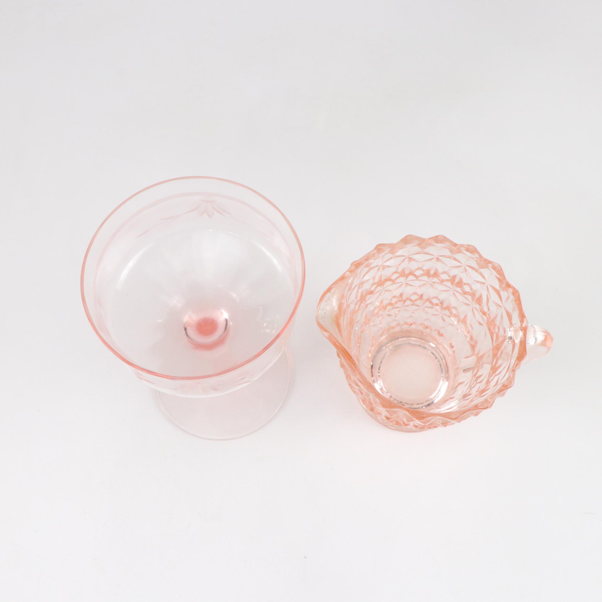 Jeannette Pink Blossom Depression Glass Pitchers with Tiffin Franciscan and More