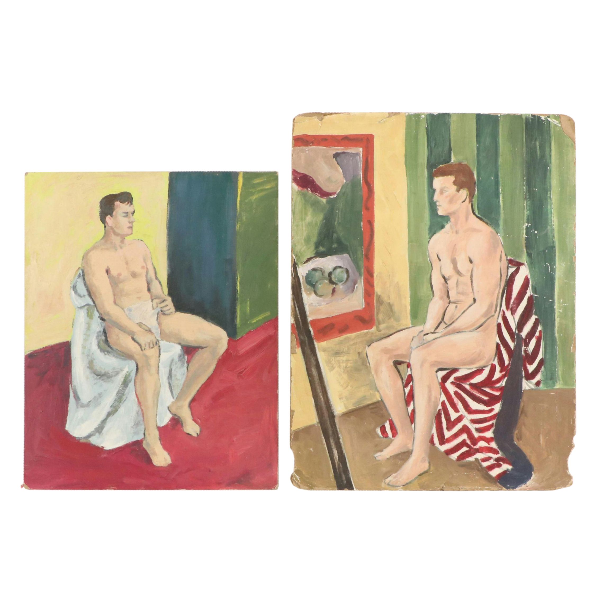 Pair of Oil Paintings Featuring Seated Nude Models, 21st Century