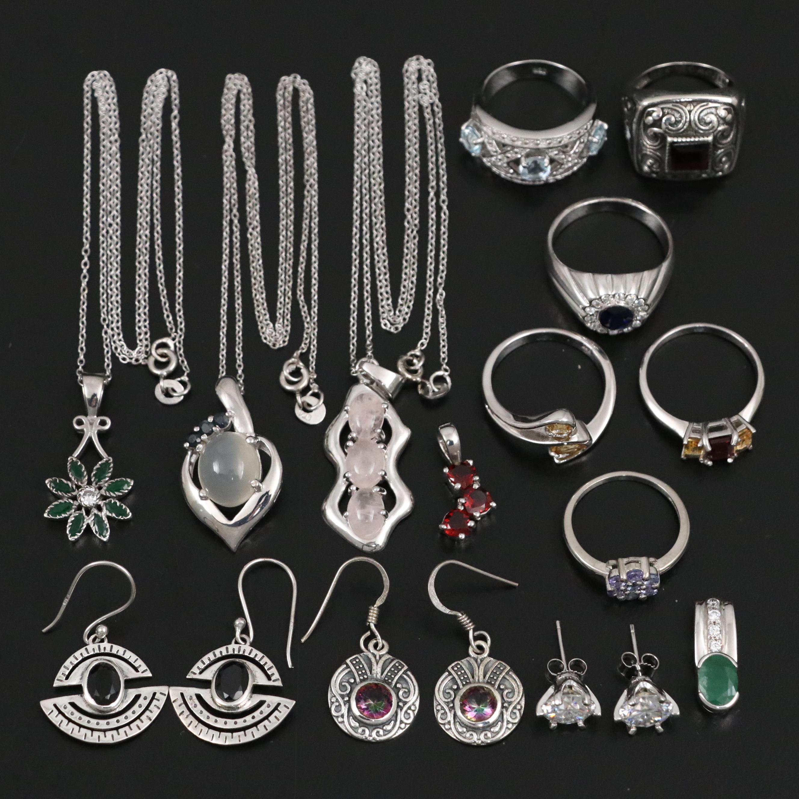 14 Assorted Sterling Silver Rings, Necklaces, Earrings, and Pendants