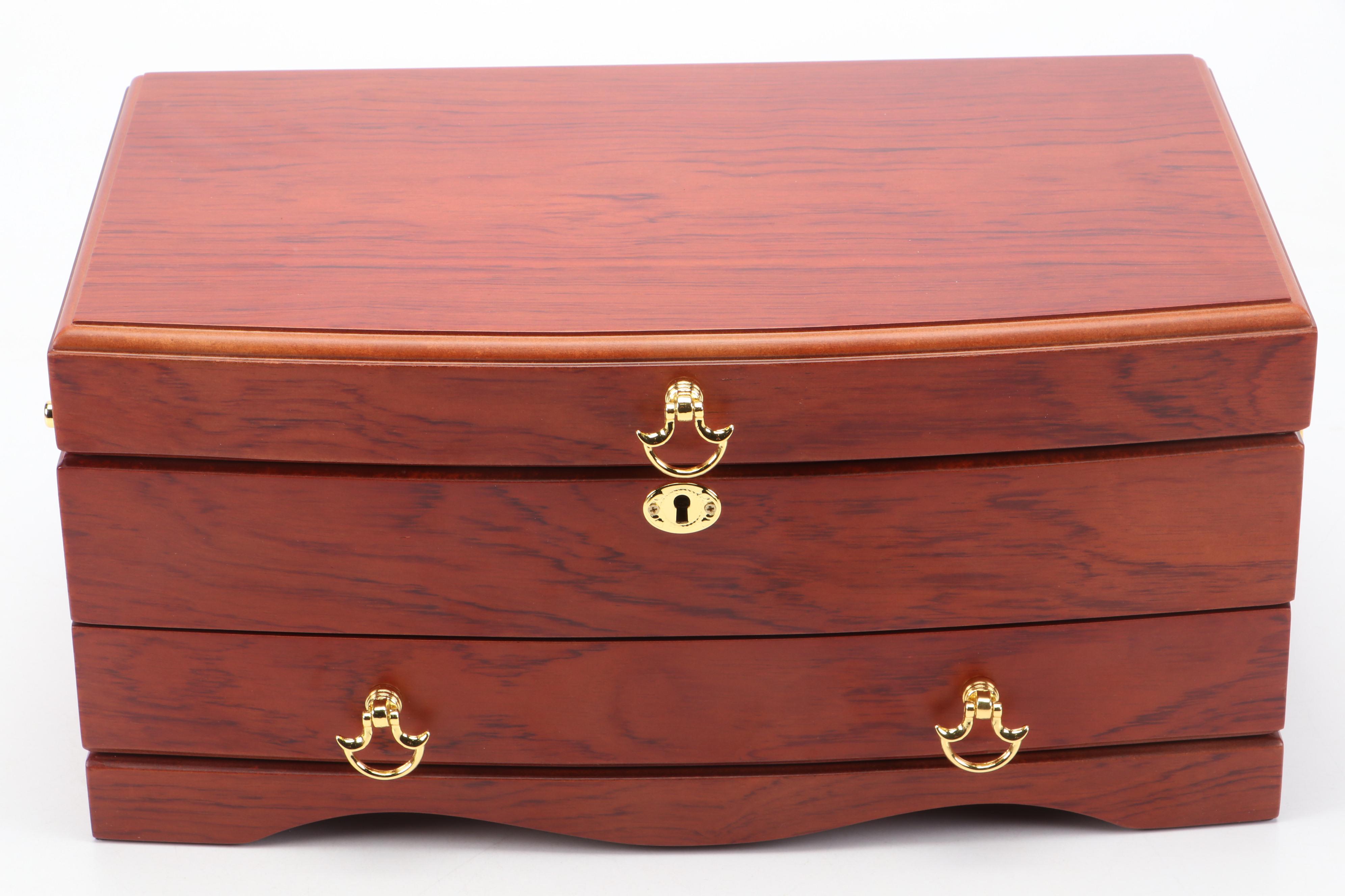 Jere Cherry Finish Wood Jewelry Box with Brass Handles