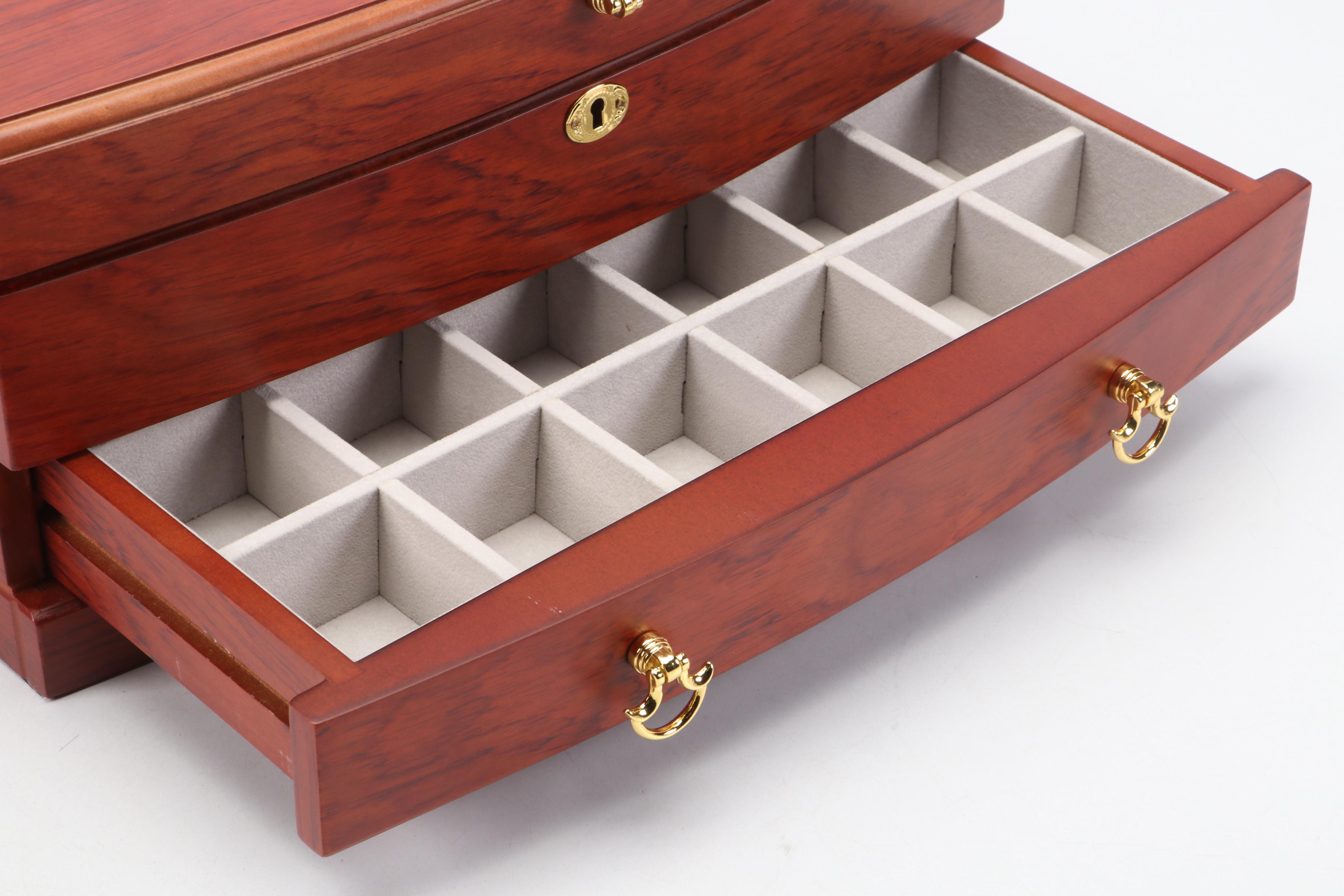 Jere Cherry Finish Wood Jewelry Box with Brass Handles