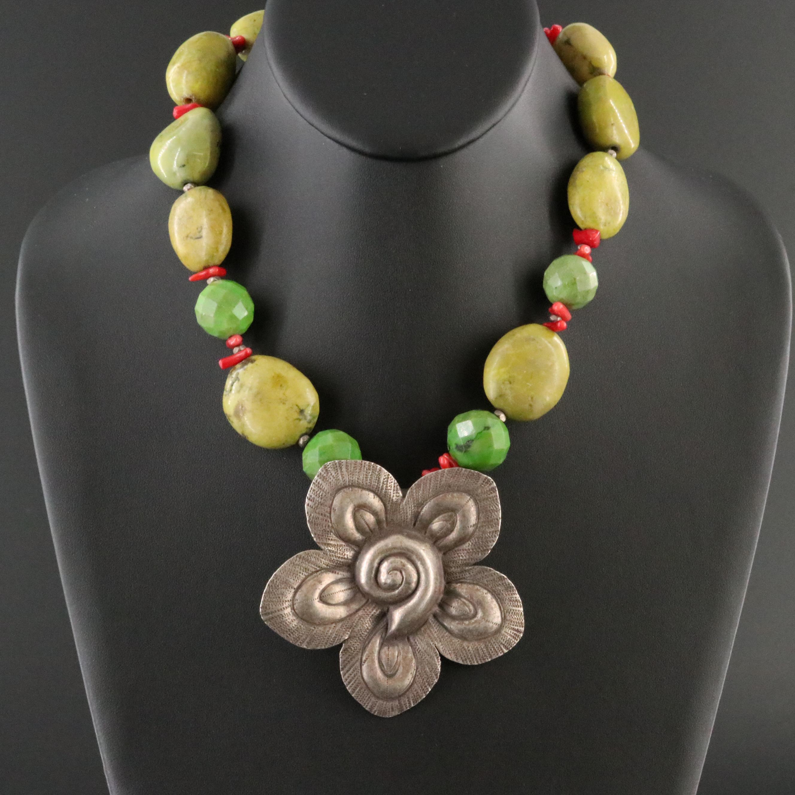 Sterling Floral Necklace Including Serpentine and Coral