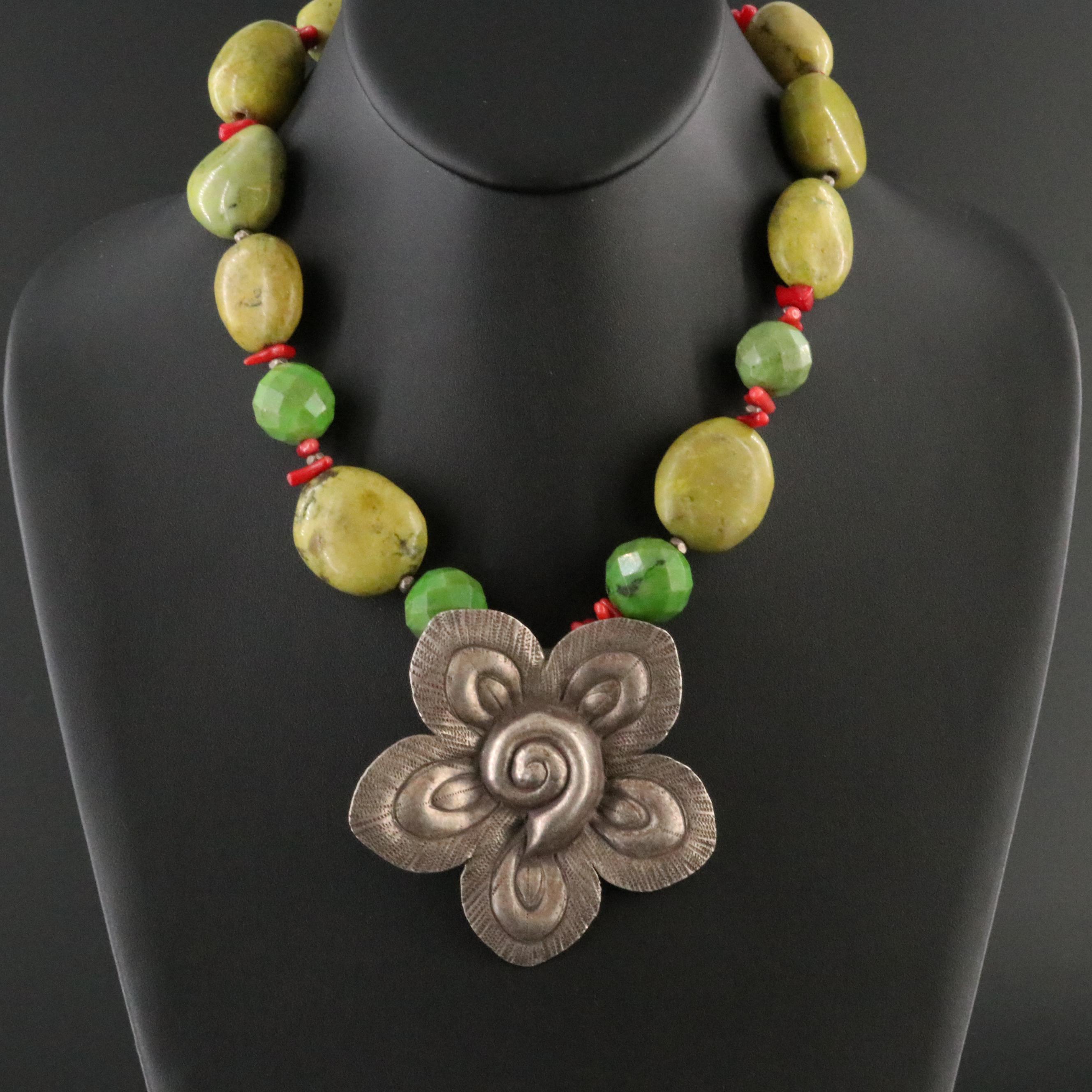 Sterling Floral Necklace Including Serpentine and Coral