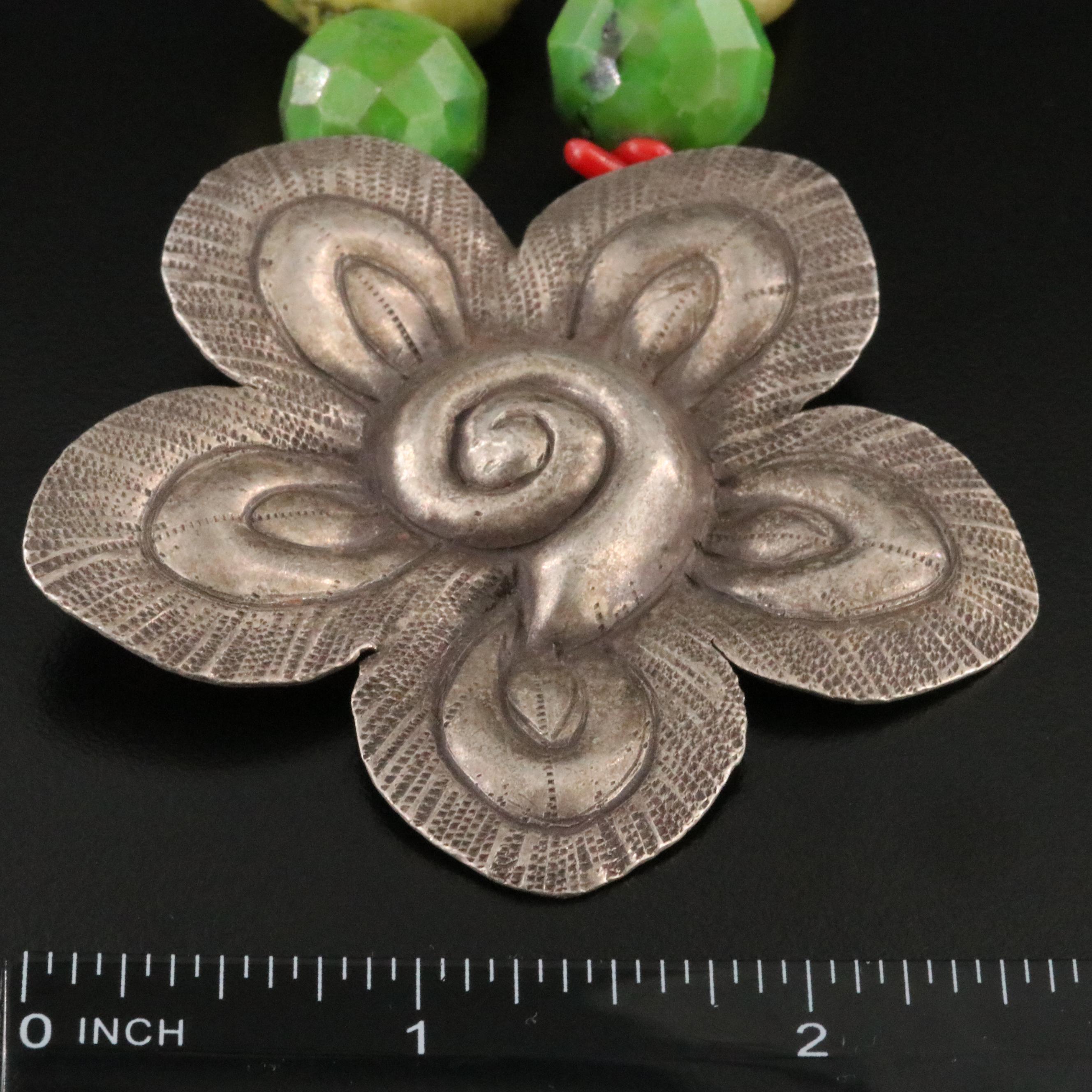 Sterling Floral Necklace Including Serpentine and Coral