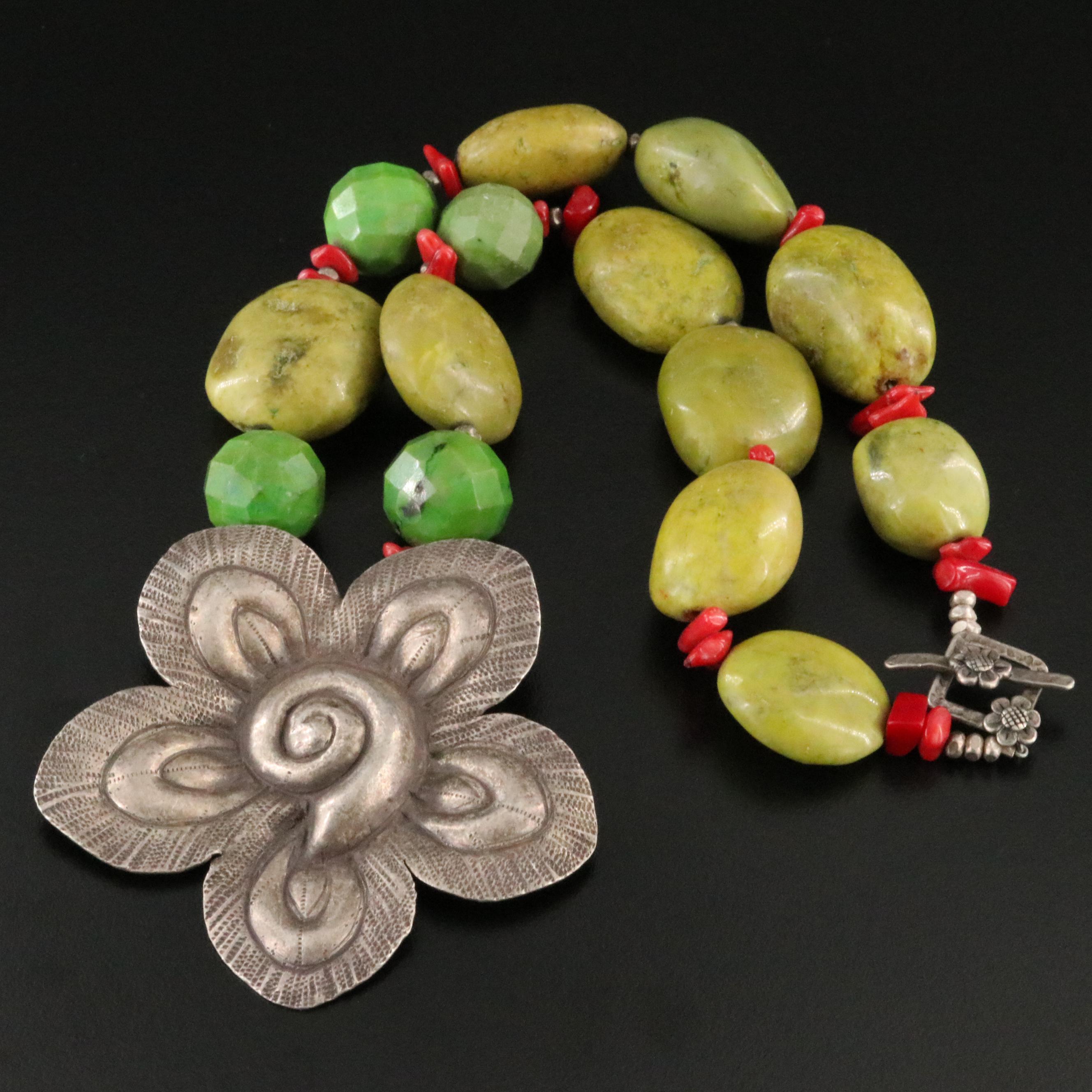 Sterling Floral Necklace Including Serpentine and Coral