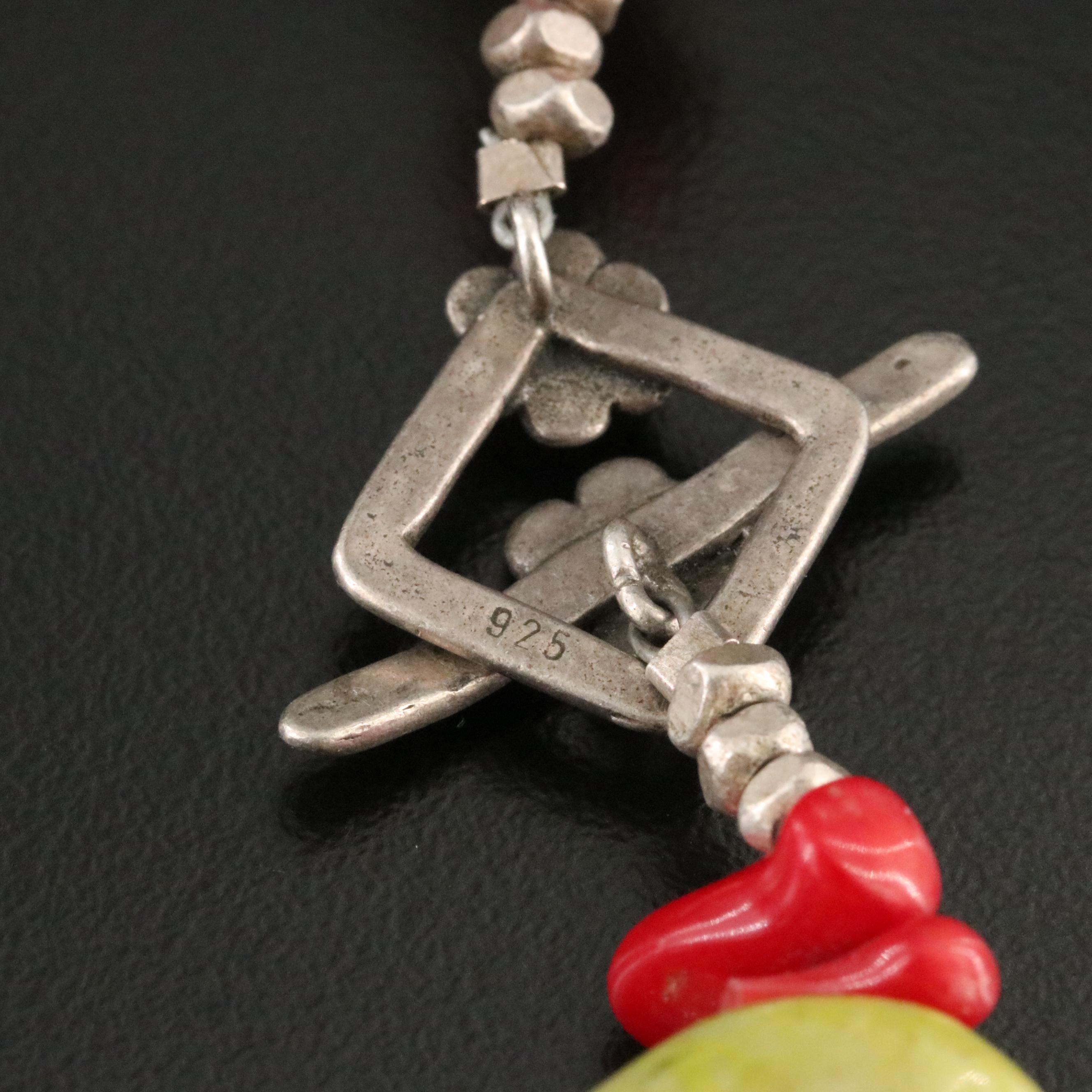 Sterling Floral Necklace Including Serpentine and Coral