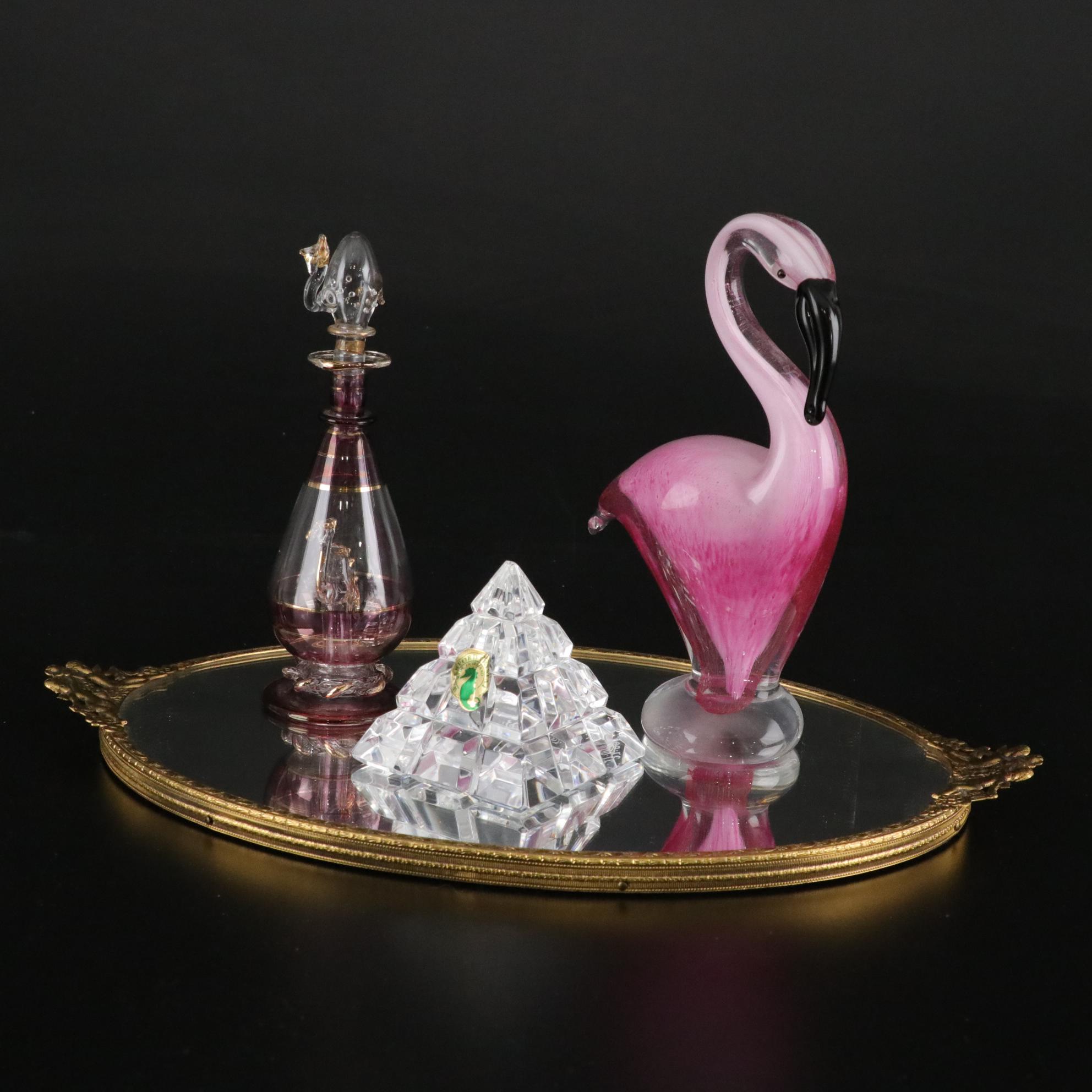 Waterford Crystal Pyramid in Vanity Set with Brass Cherub Mirror Tray & More
