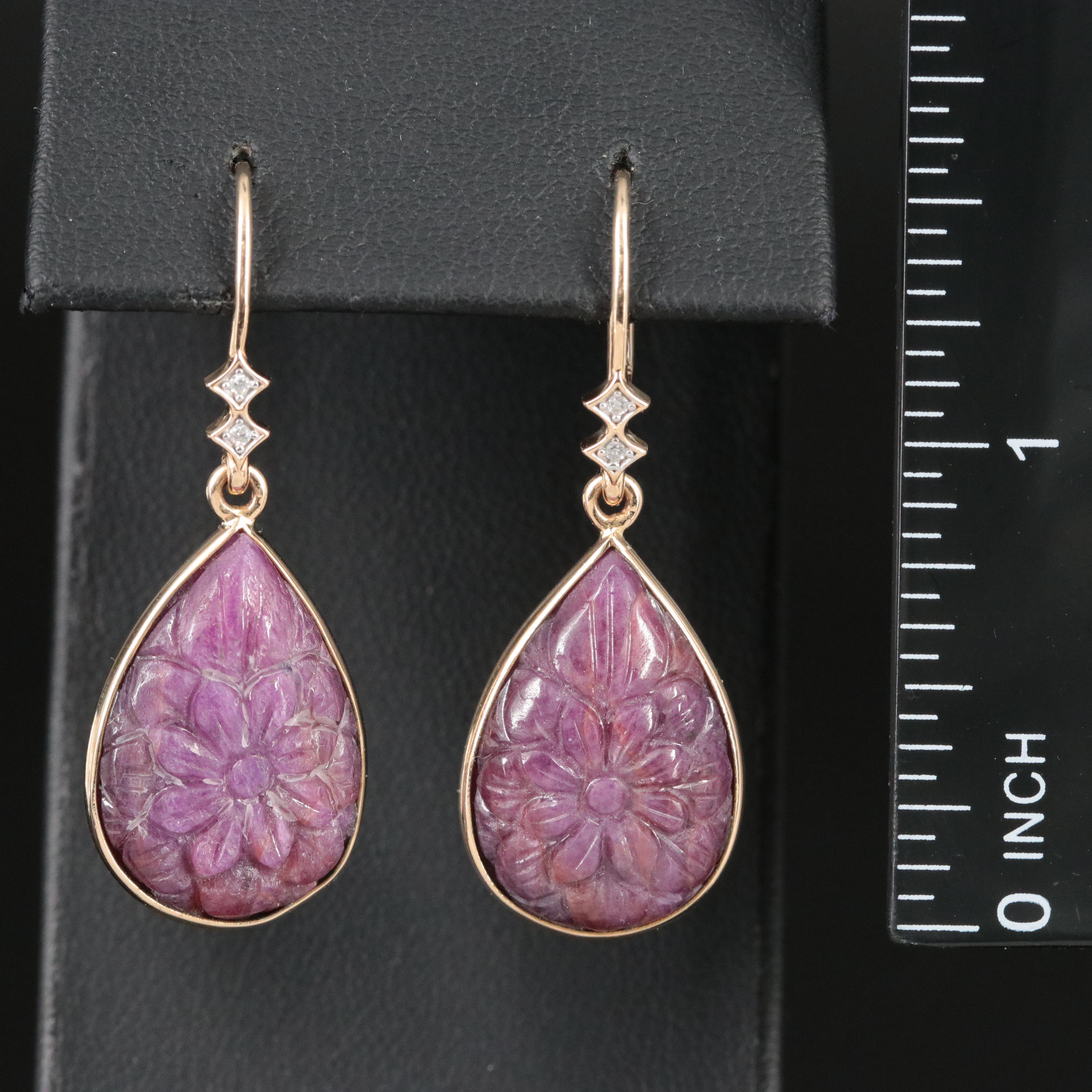 14K Ruby and Diamond Mughal Style Carved Teardrop Earrings