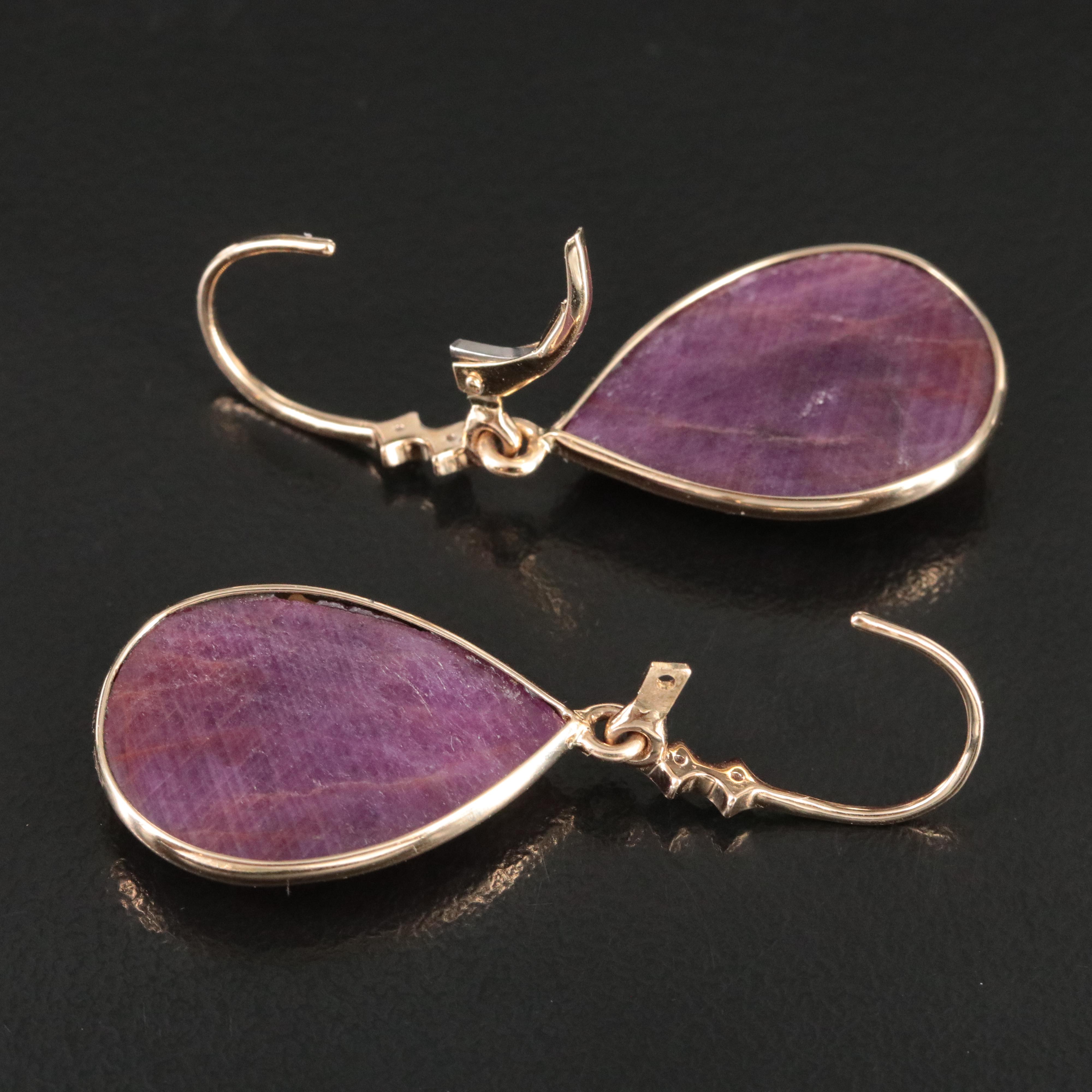 14K Ruby and Diamond Mughal Style Carved Teardrop Earrings