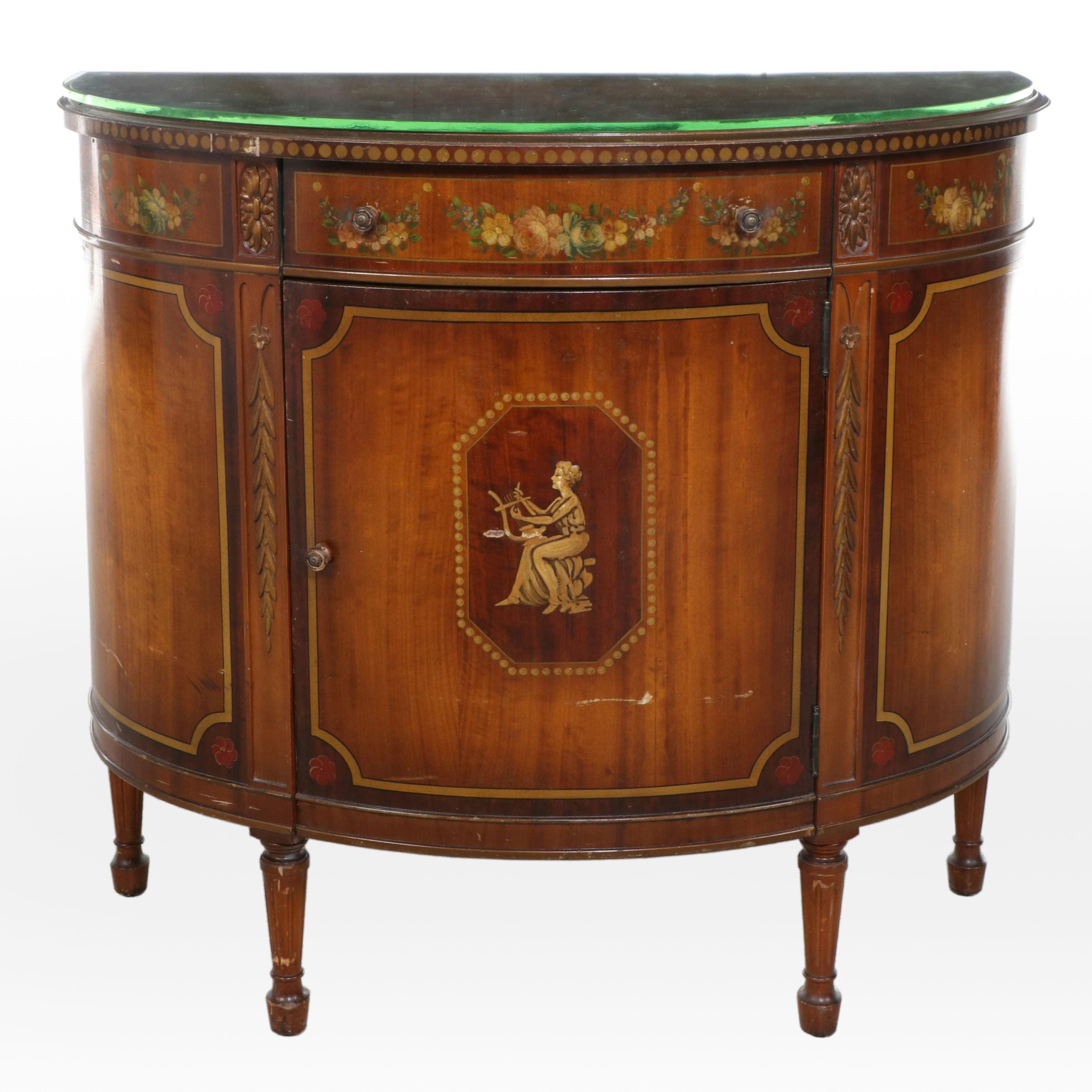 Imperial Furniture Adam Style Painted and Parcel-Gilt Satinwood Demilune Cabinet