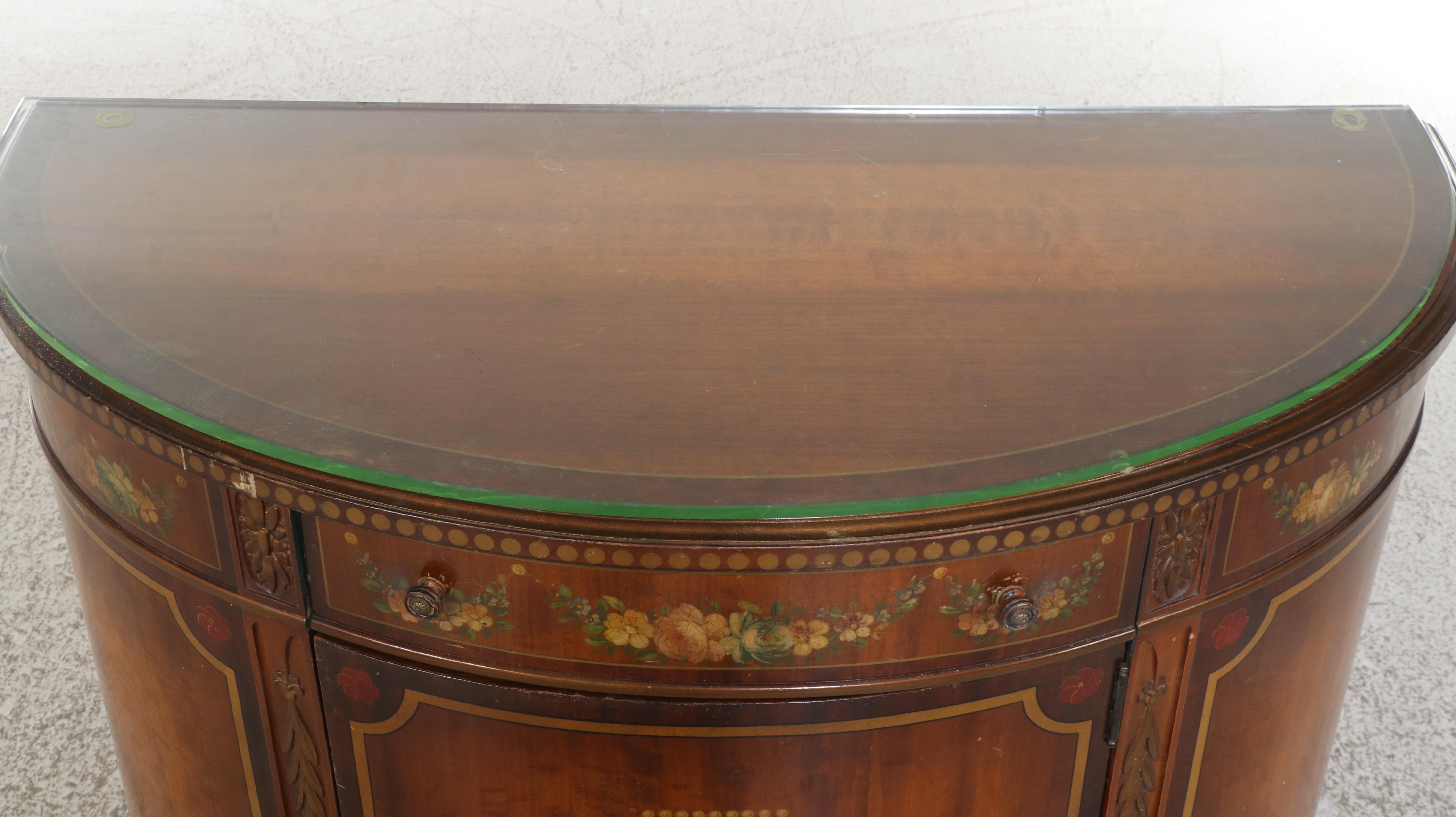 Imperial Furniture Adam Style Painted and Parcel-Gilt Satinwood Demilune Cabinet