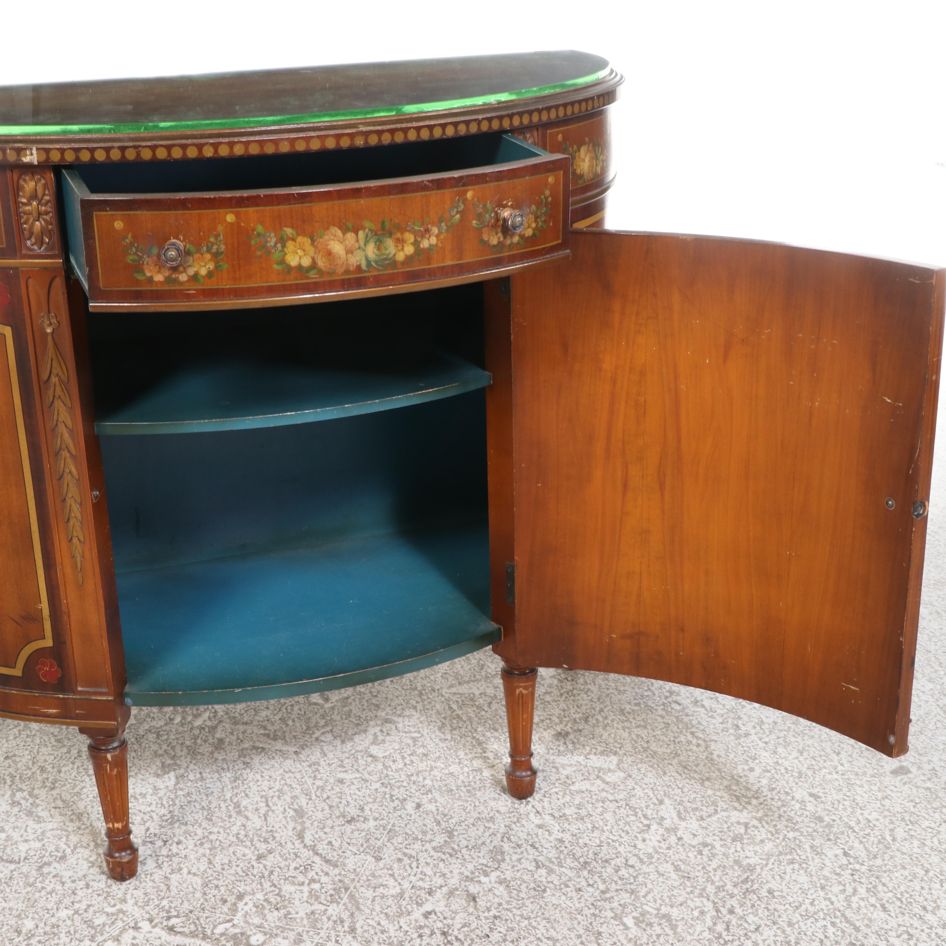 Imperial Furniture Adam Style Painted and Parcel-Gilt Satinwood Demilune Cabinet