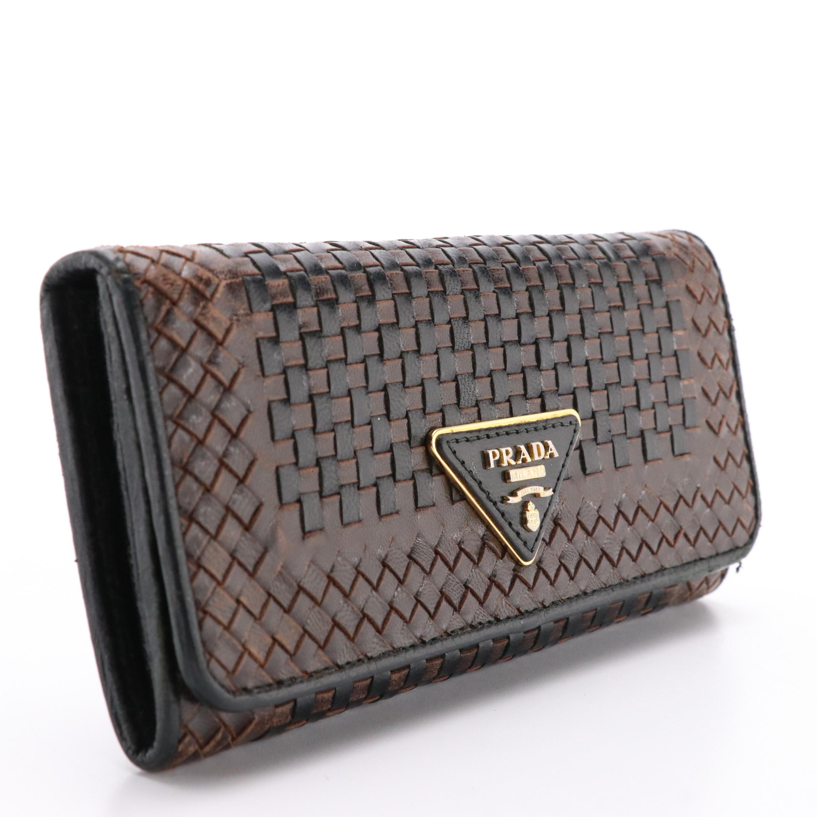 Prada Black and Brown Woven Leather Continental Wallet With Box