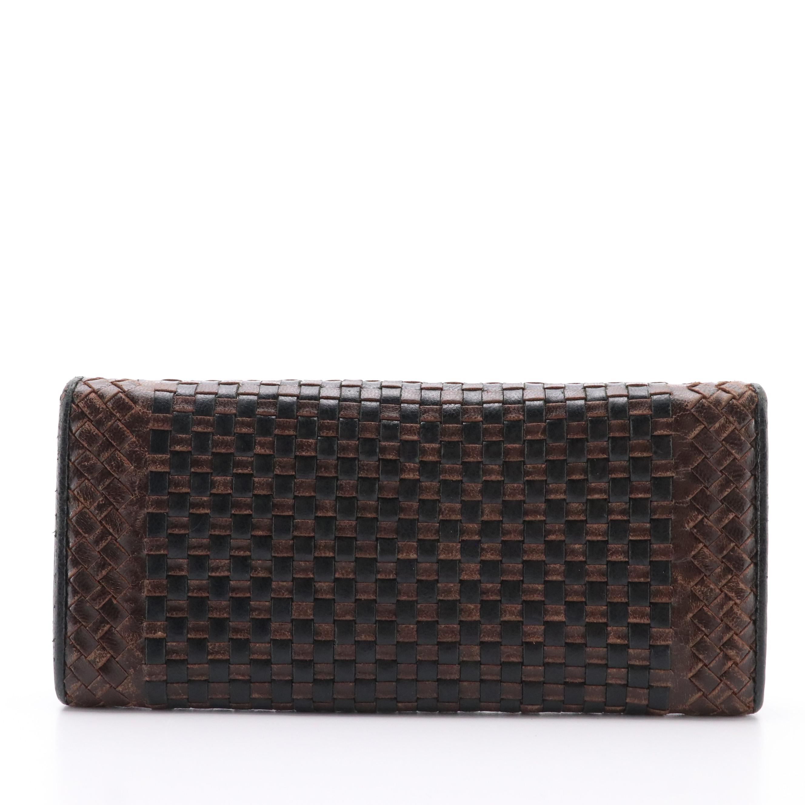 Prada Black and Brown Woven Leather Continental Wallet With Box