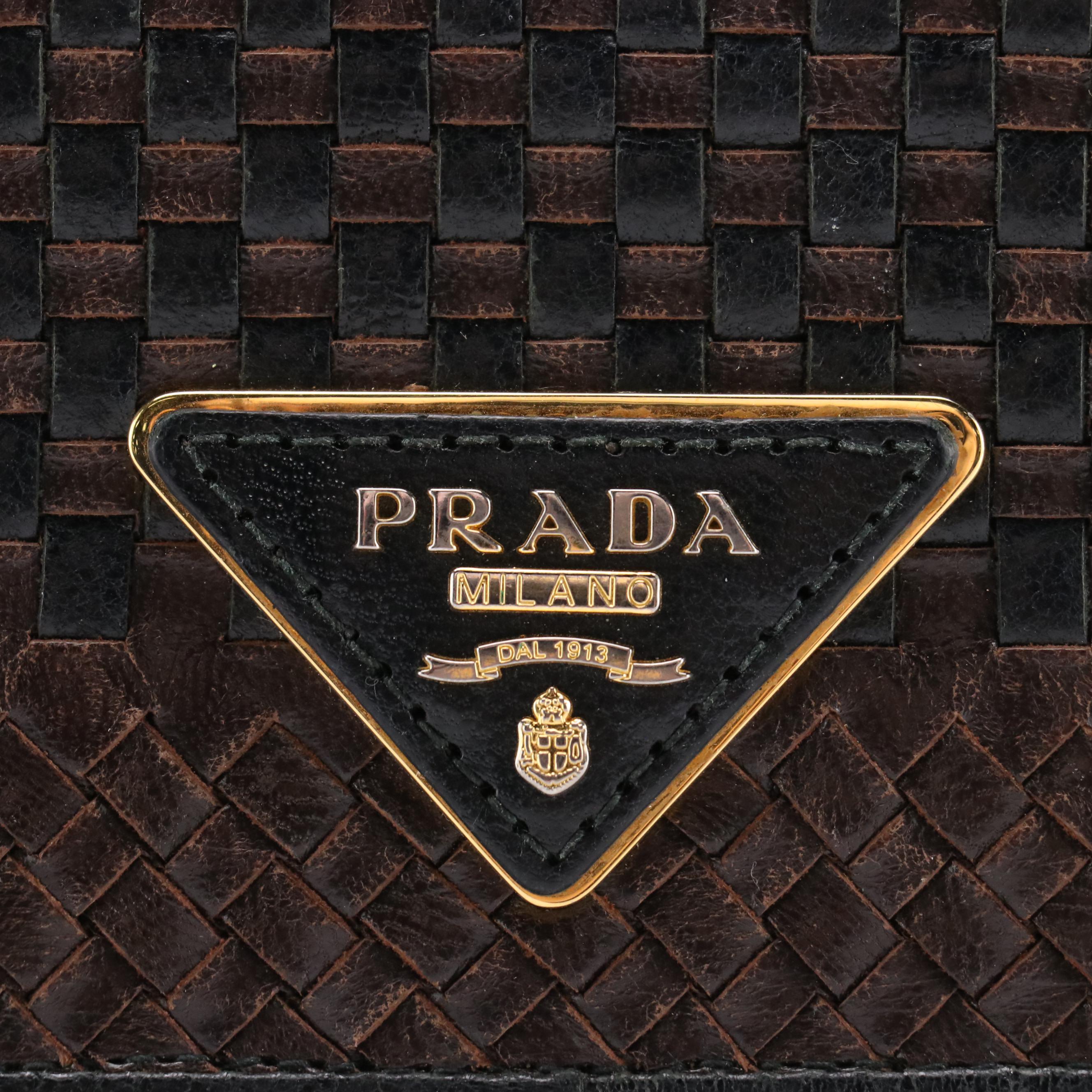 Prada Black and Brown Woven Leather Continental Wallet With Box