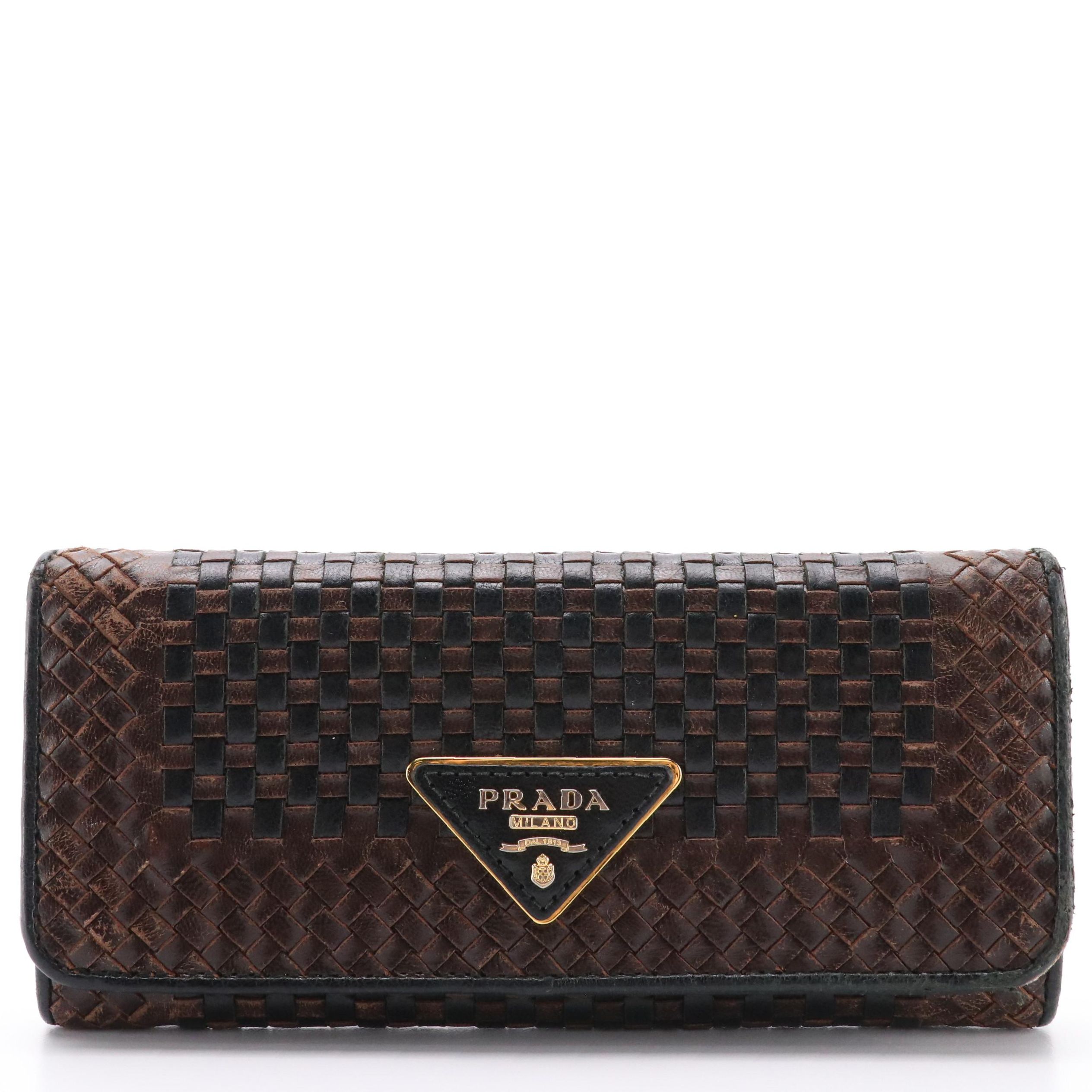 Prada Black and Brown Woven Leather Continental Wallet With Box