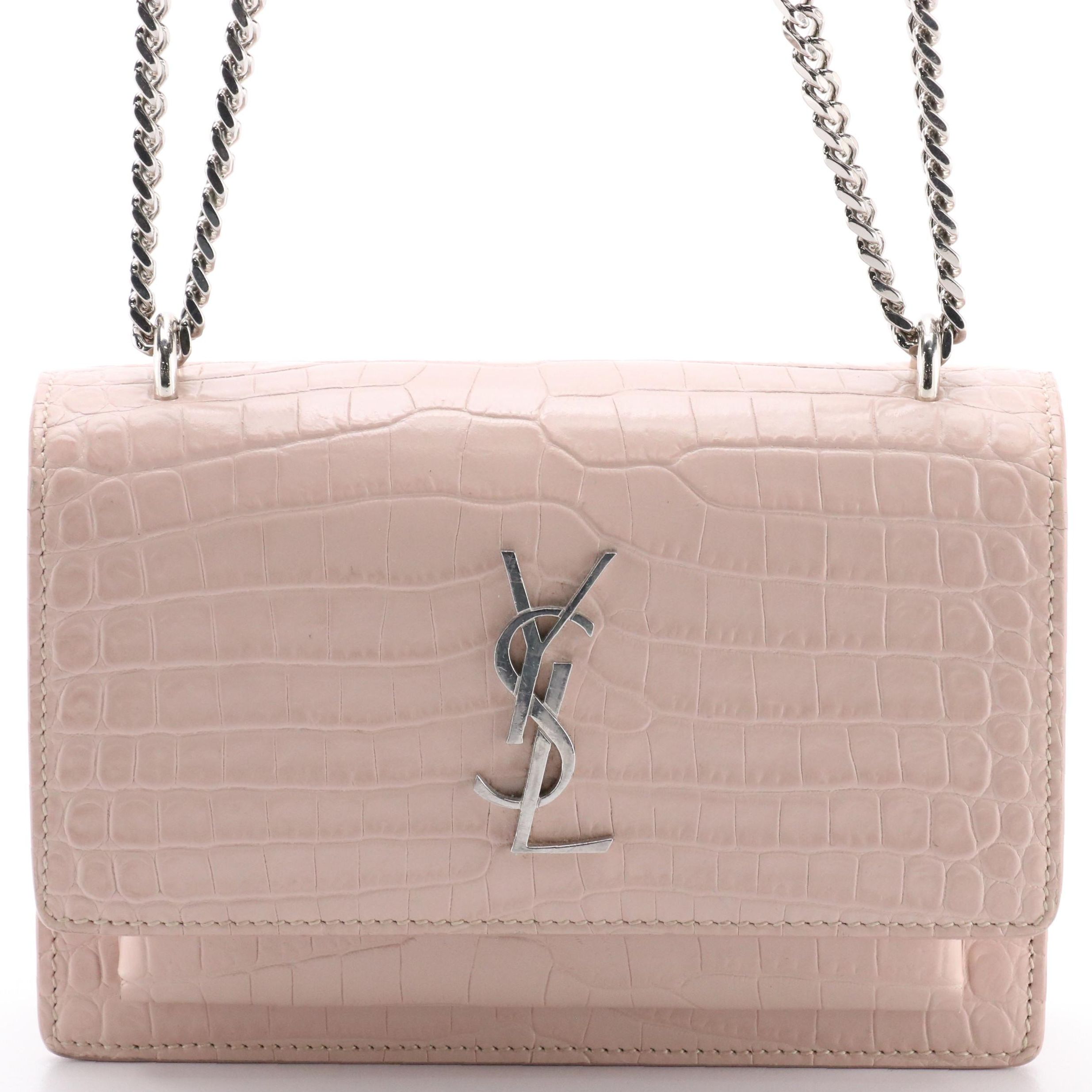 Saint Laurent Sunset Crossbody Bag in Blush Pink Croc Embossed Calfskin Leather