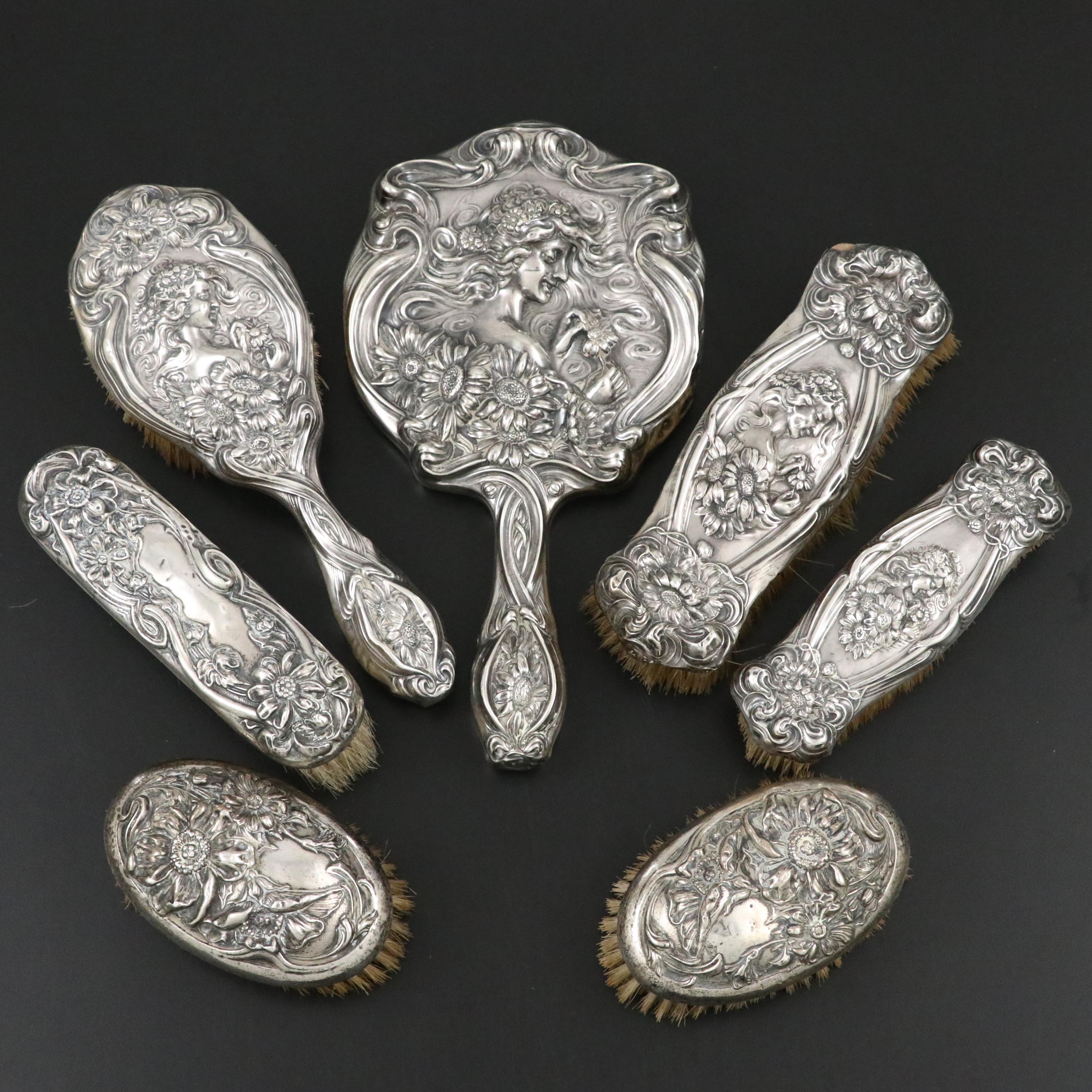 Unger Brothers Art Nouveau Sterling Silver Vanity Set with Other Clothes Brushes