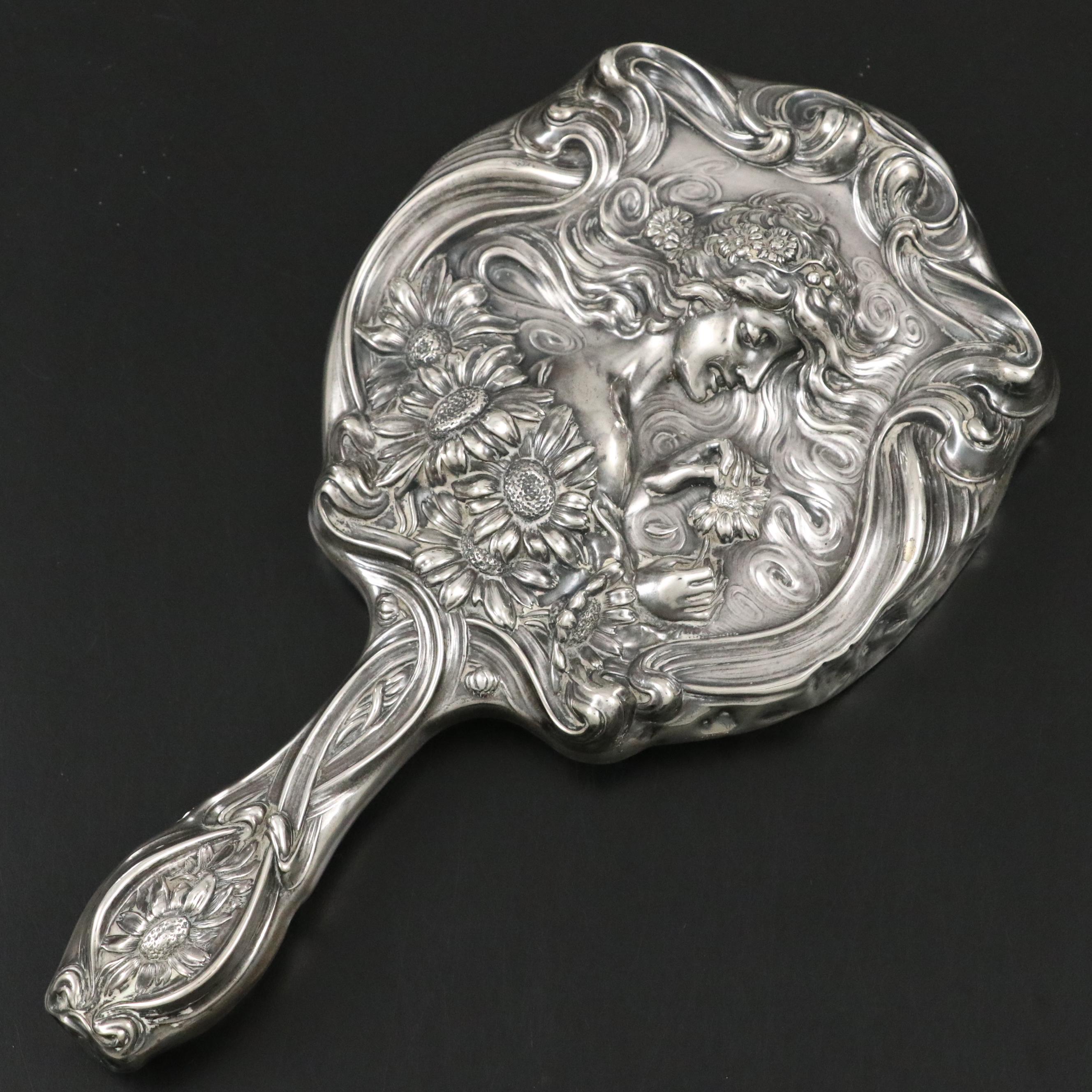 Unger Brothers Art Nouveau Sterling Silver Vanity Set with Other Clothes Brushes