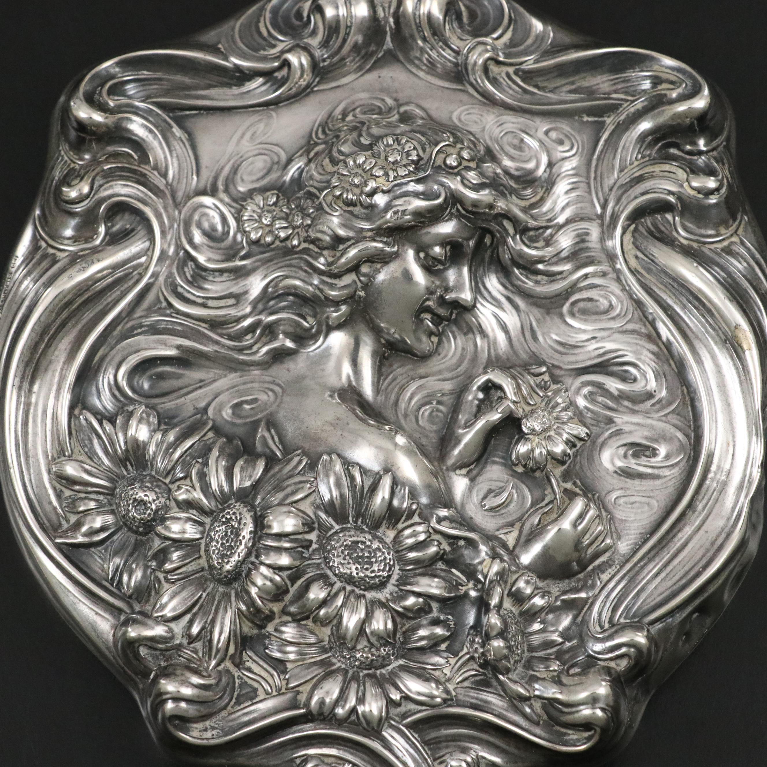 Unger Brothers Art Nouveau Sterling Silver Vanity Set with Other Clothes Brushes