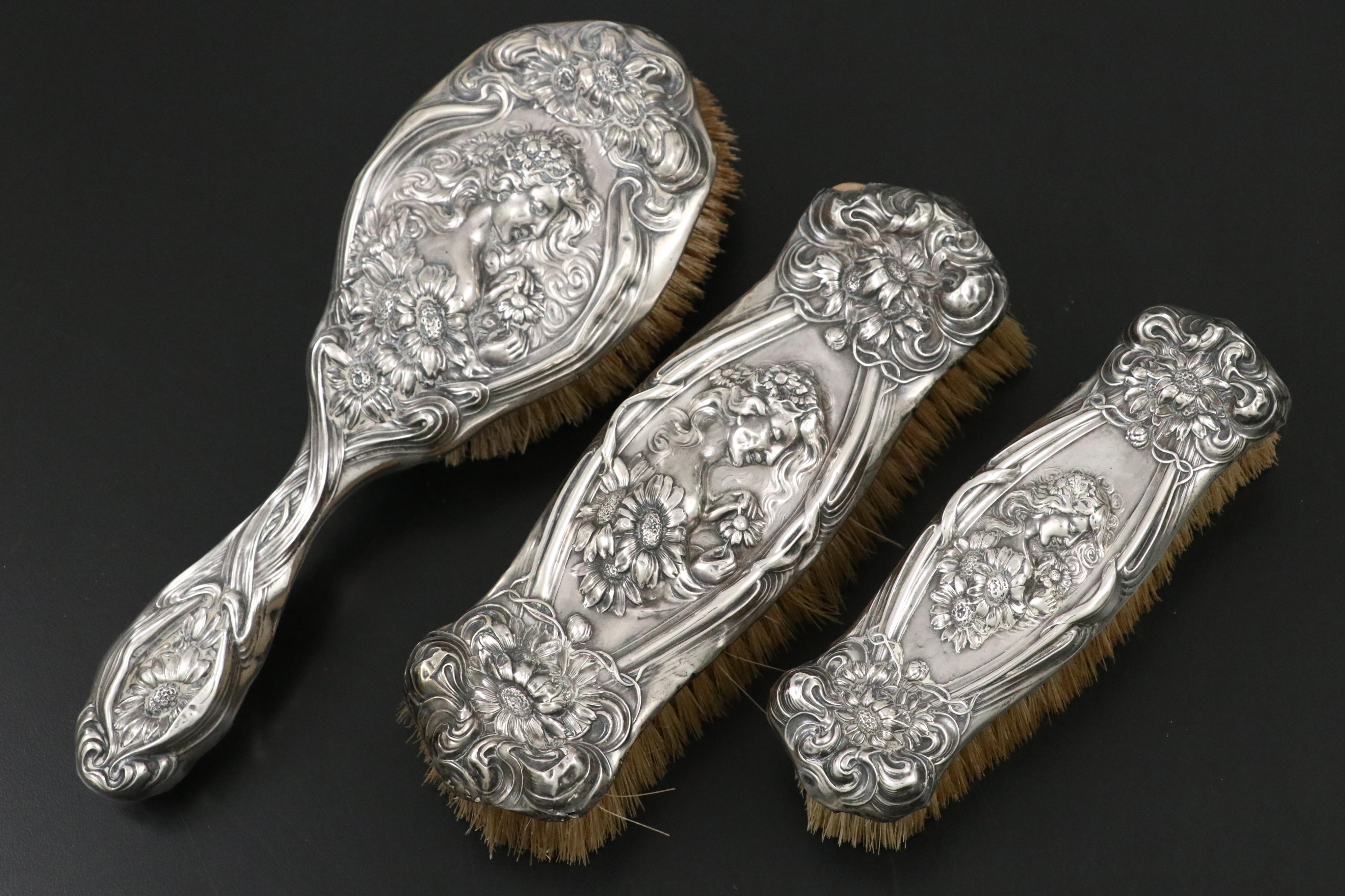 Unger Brothers Art Nouveau Sterling Silver Vanity Set with Other Clothes Brushes