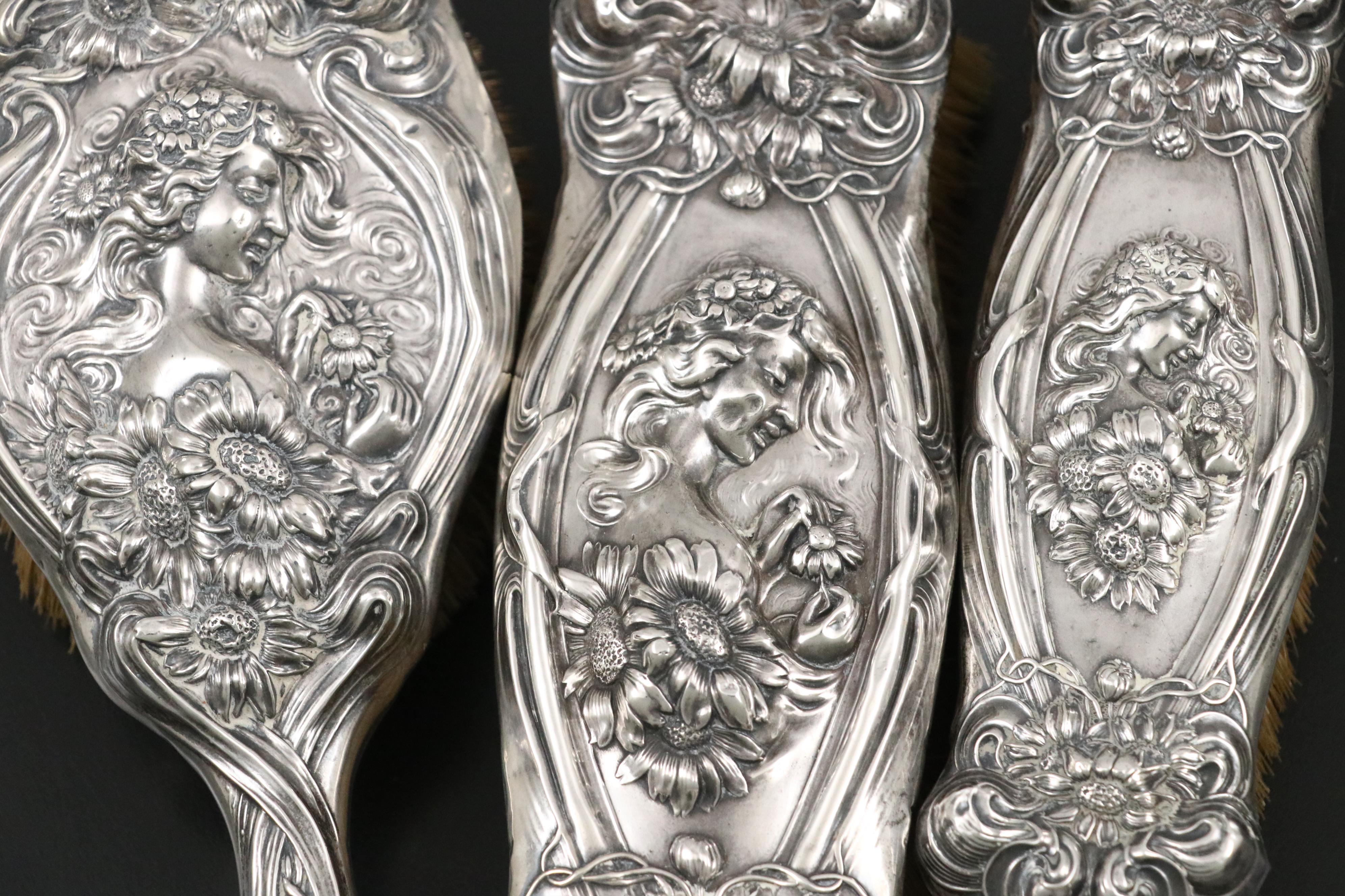 Unger Brothers Art Nouveau Sterling Silver Vanity Set with Other Clothes Brushes