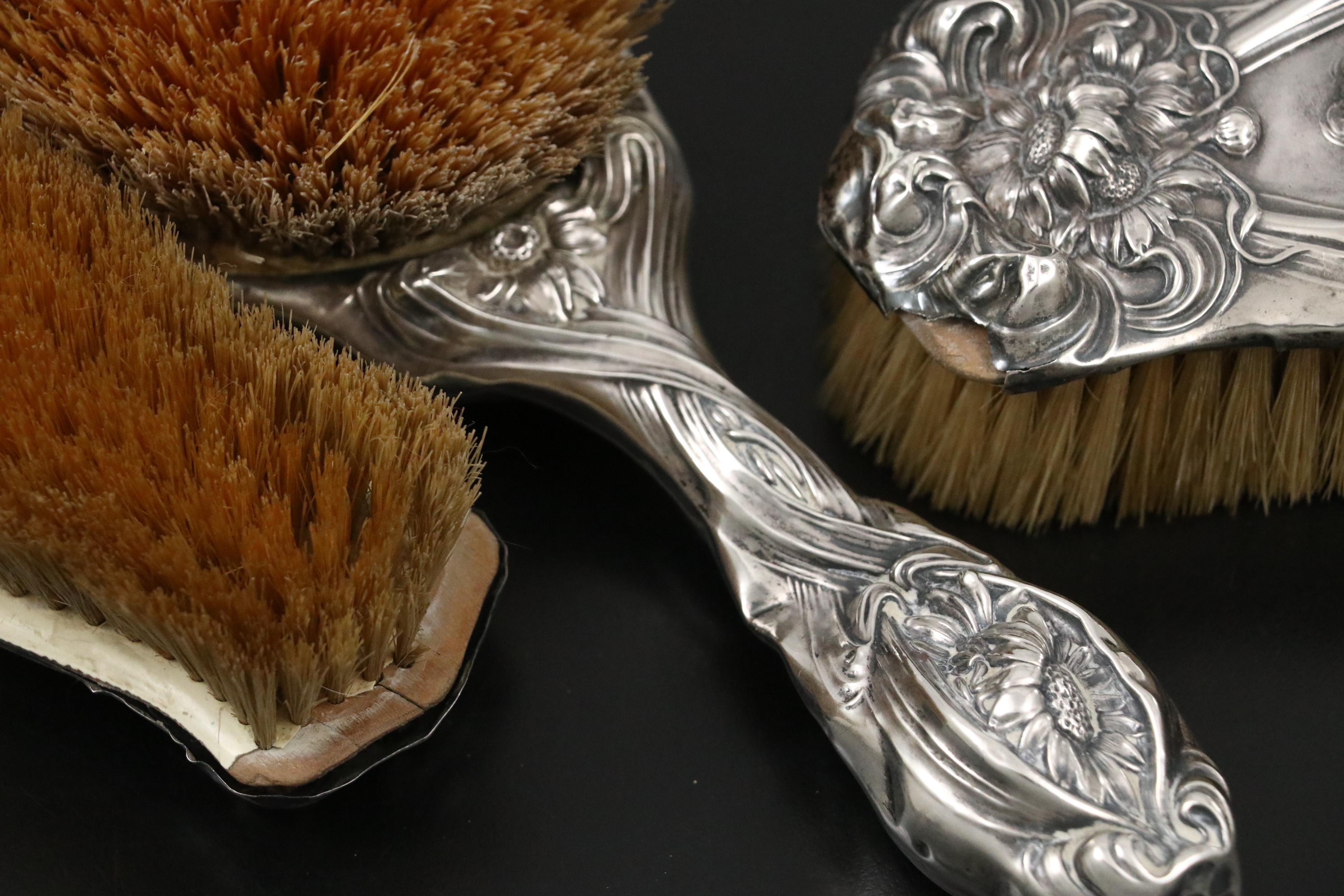 Unger Brothers Art Nouveau Sterling Silver Vanity Set with Other Clothes Brushes