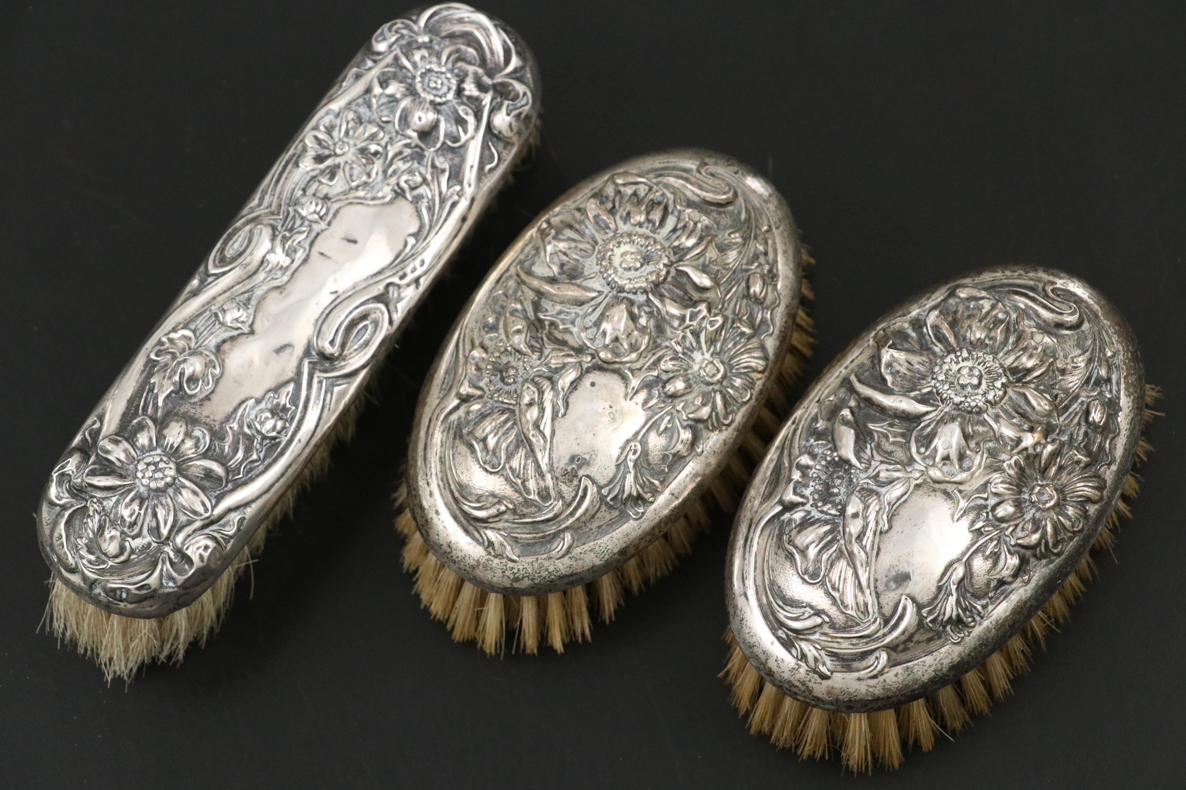 Unger Brothers Art Nouveau Sterling Silver Vanity Set with Other Clothes Brushes