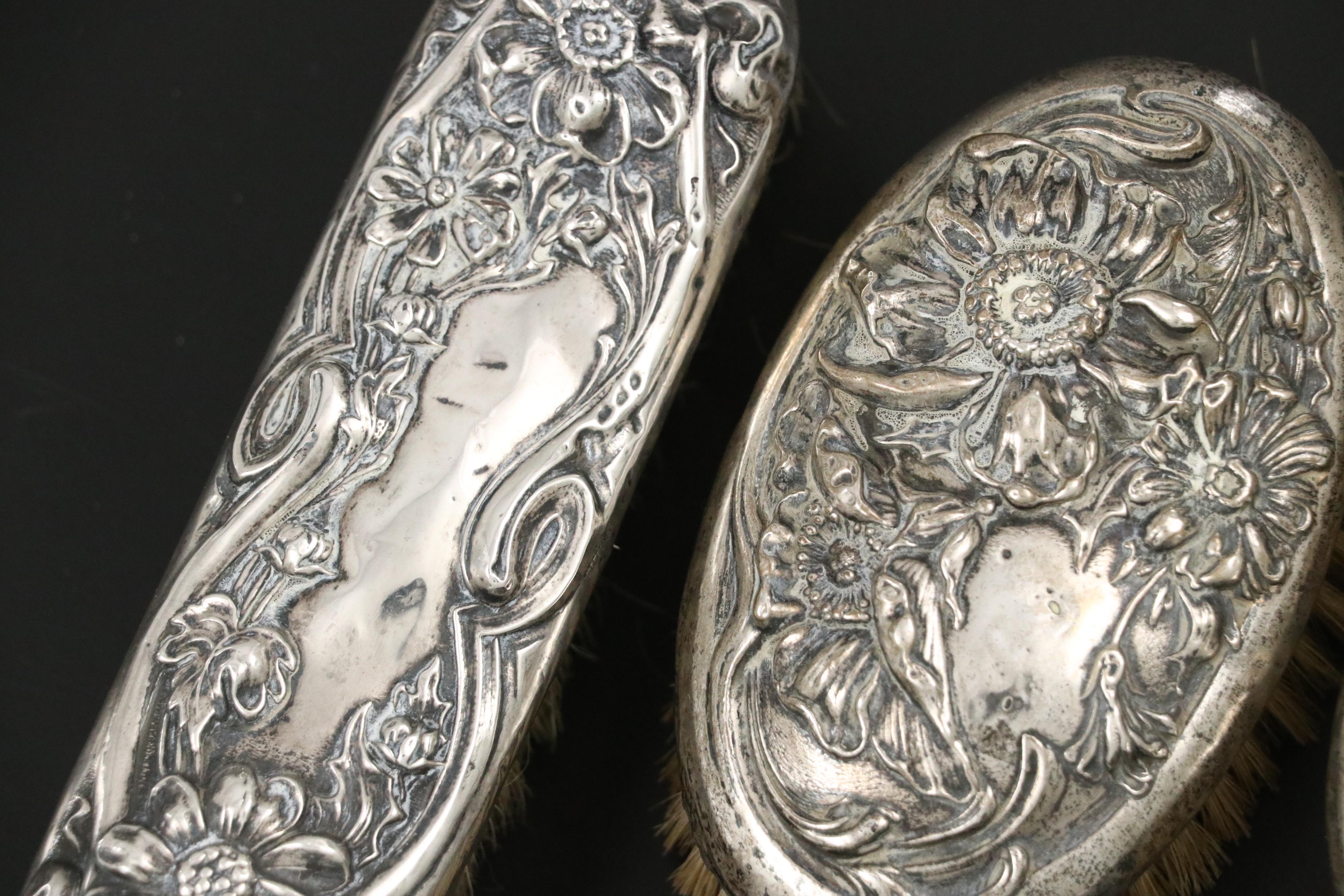 Unger Brothers Art Nouveau Sterling Silver Vanity Set with Other Clothes Brushes