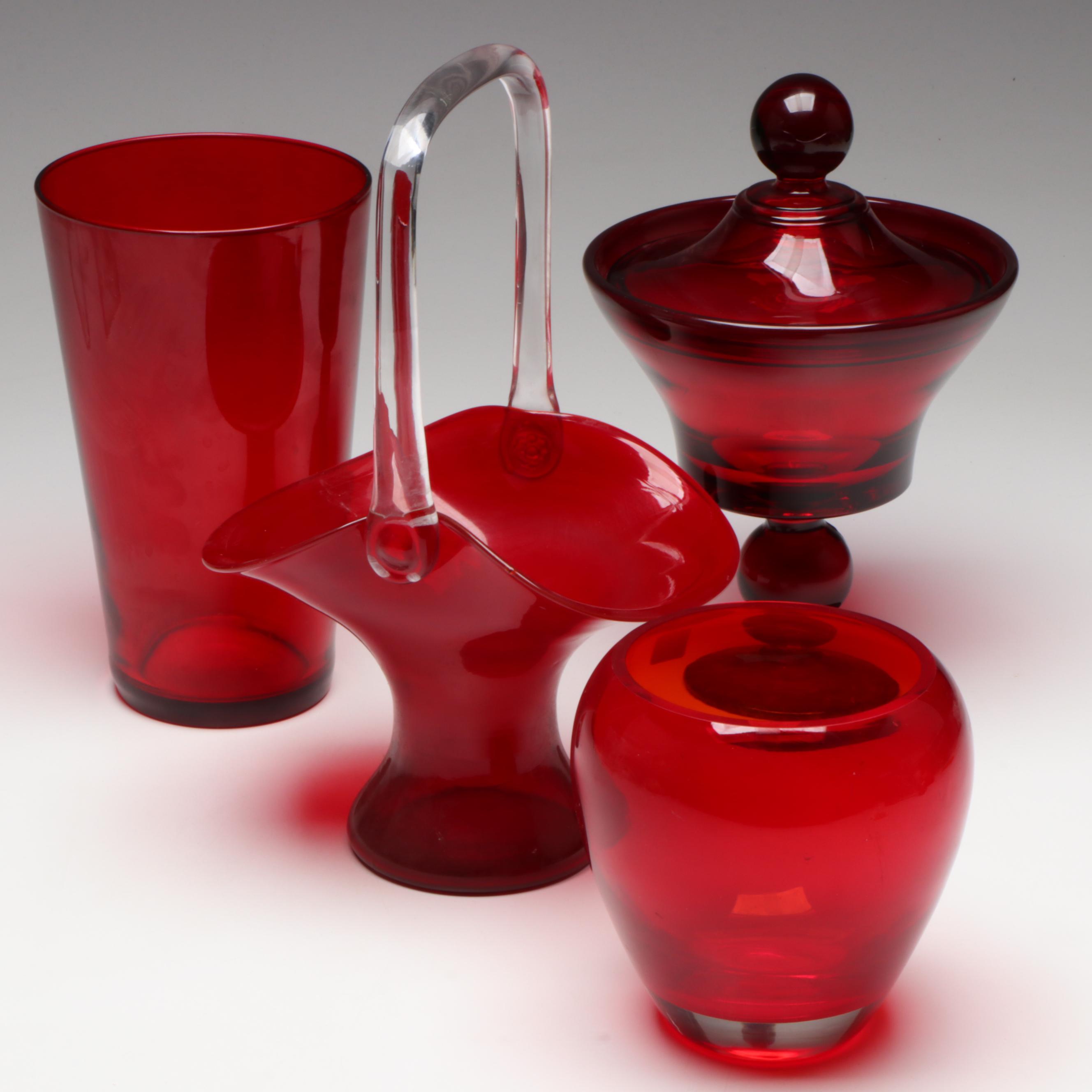 Zwiesel Glas Ruby Glass Basket, Compote, and Vases