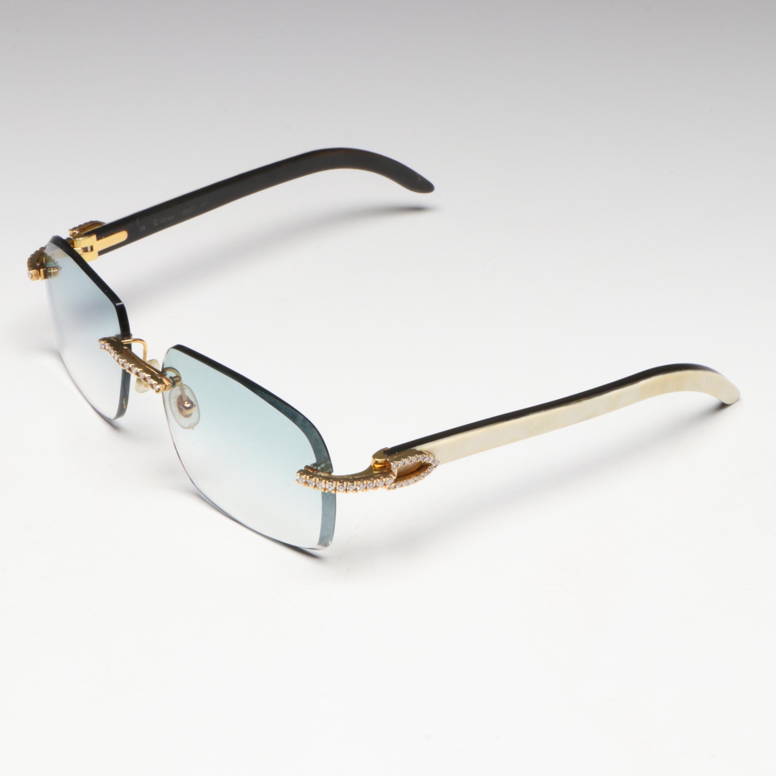 Cartier 10K Gold 1.60 CTW Diamond Embellished Blue Tint Rimless Sunglasses