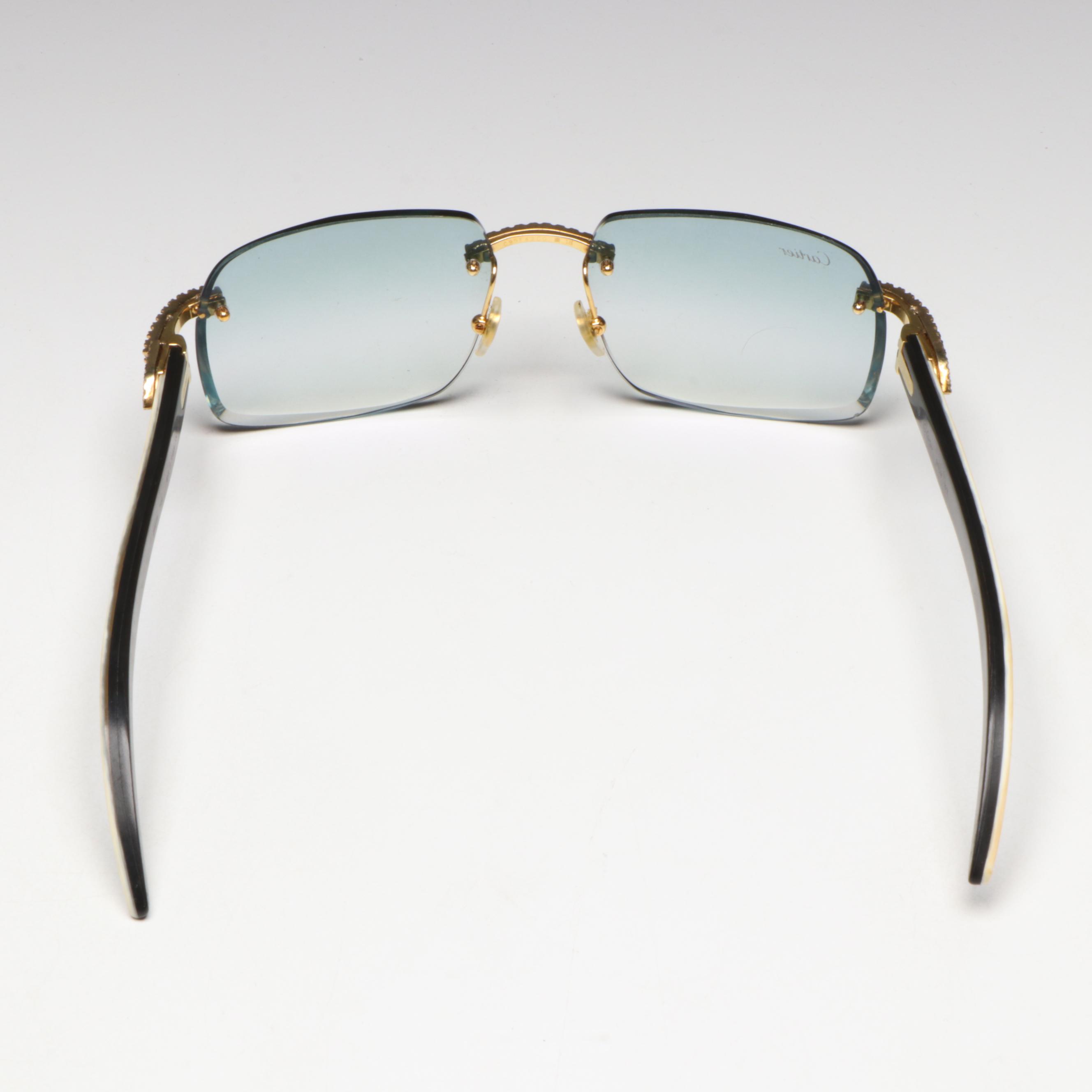 Cartier 10K Gold 1.60 CTW Diamond Embellished Blue Tint Rimless Sunglasses