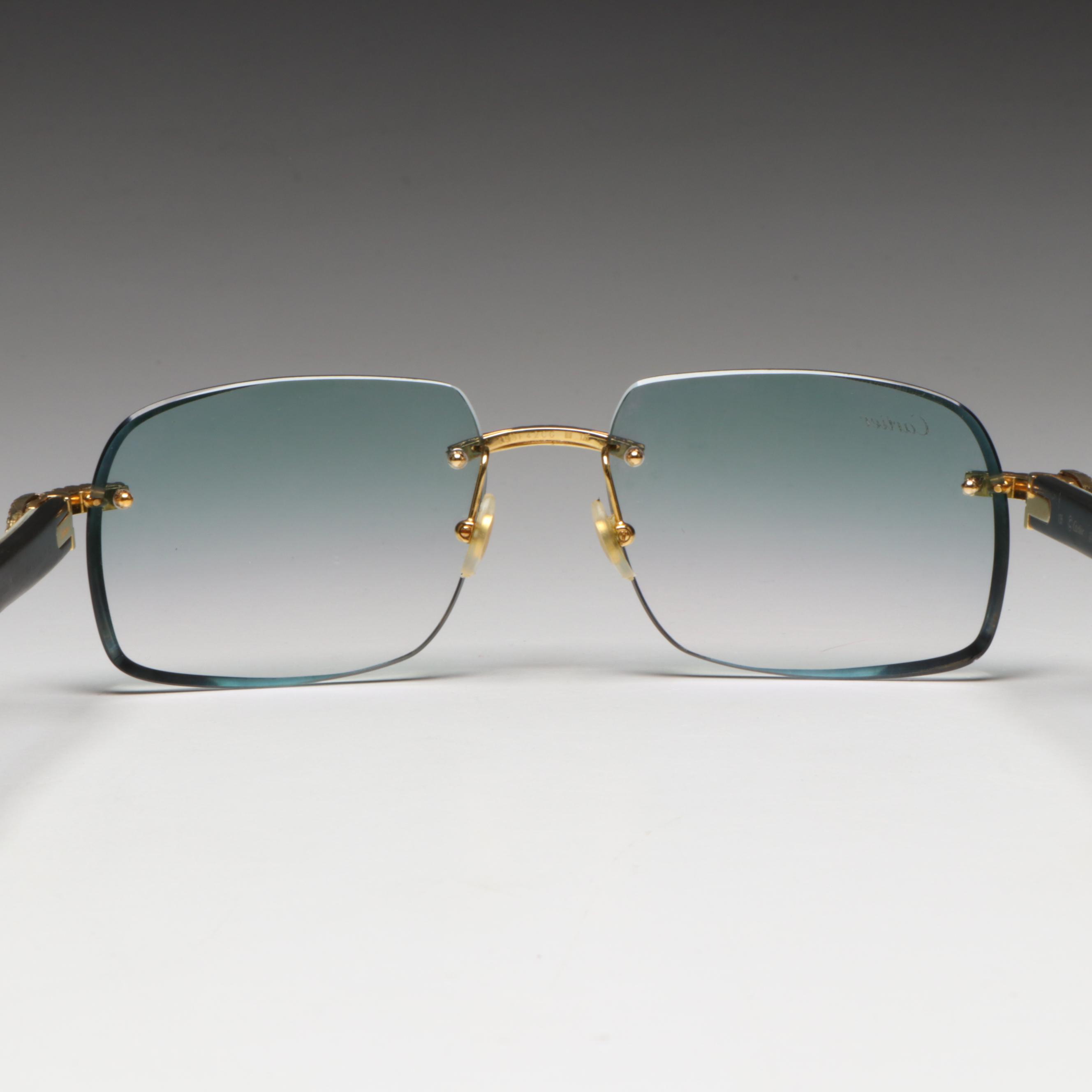 Cartier 10K Gold 1.60 CTW Diamond Embellished Blue Tint Rimless Sunglasses