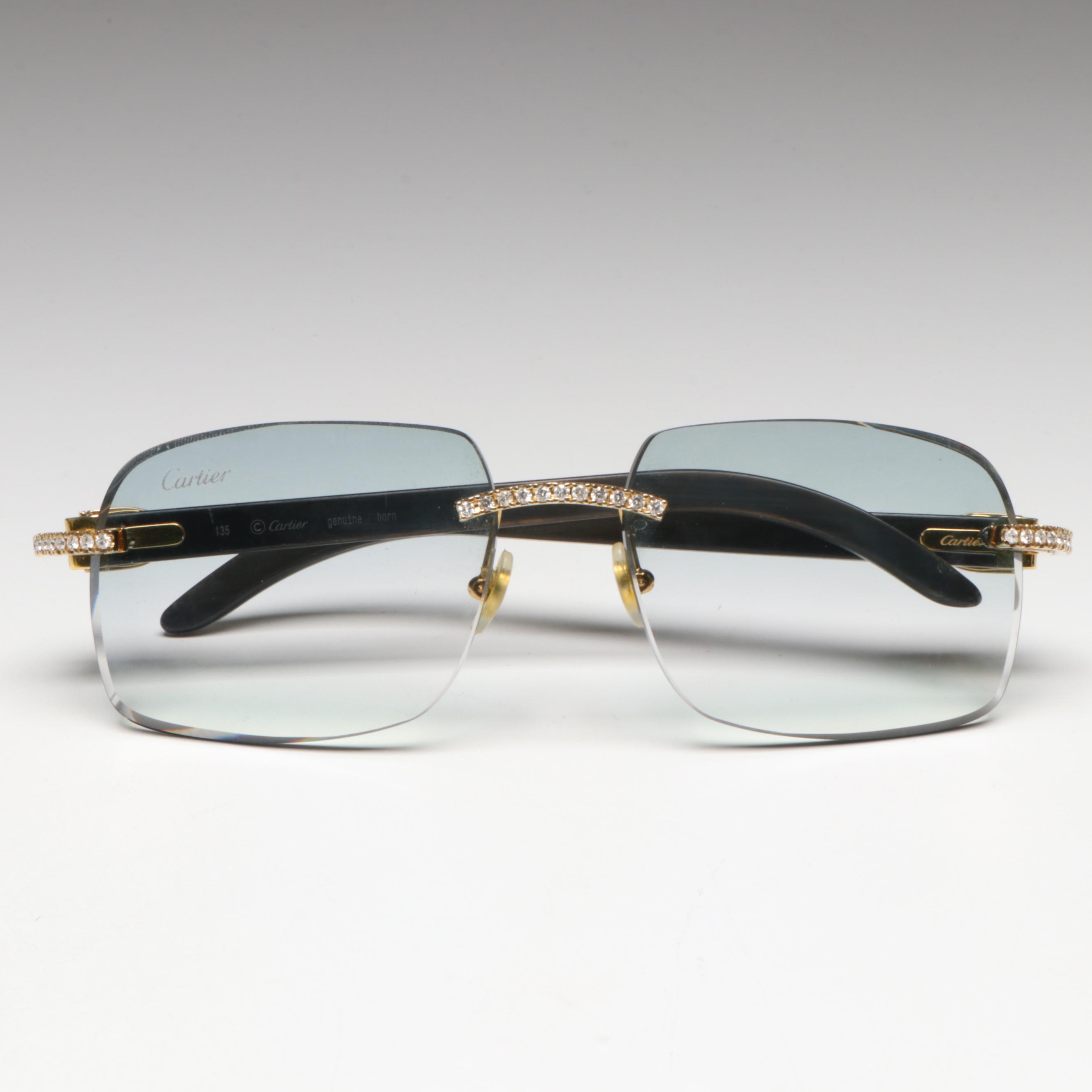 Cartier 10K Gold 1.60 CTW Diamond Embellished Blue Tint Rimless Sunglasses