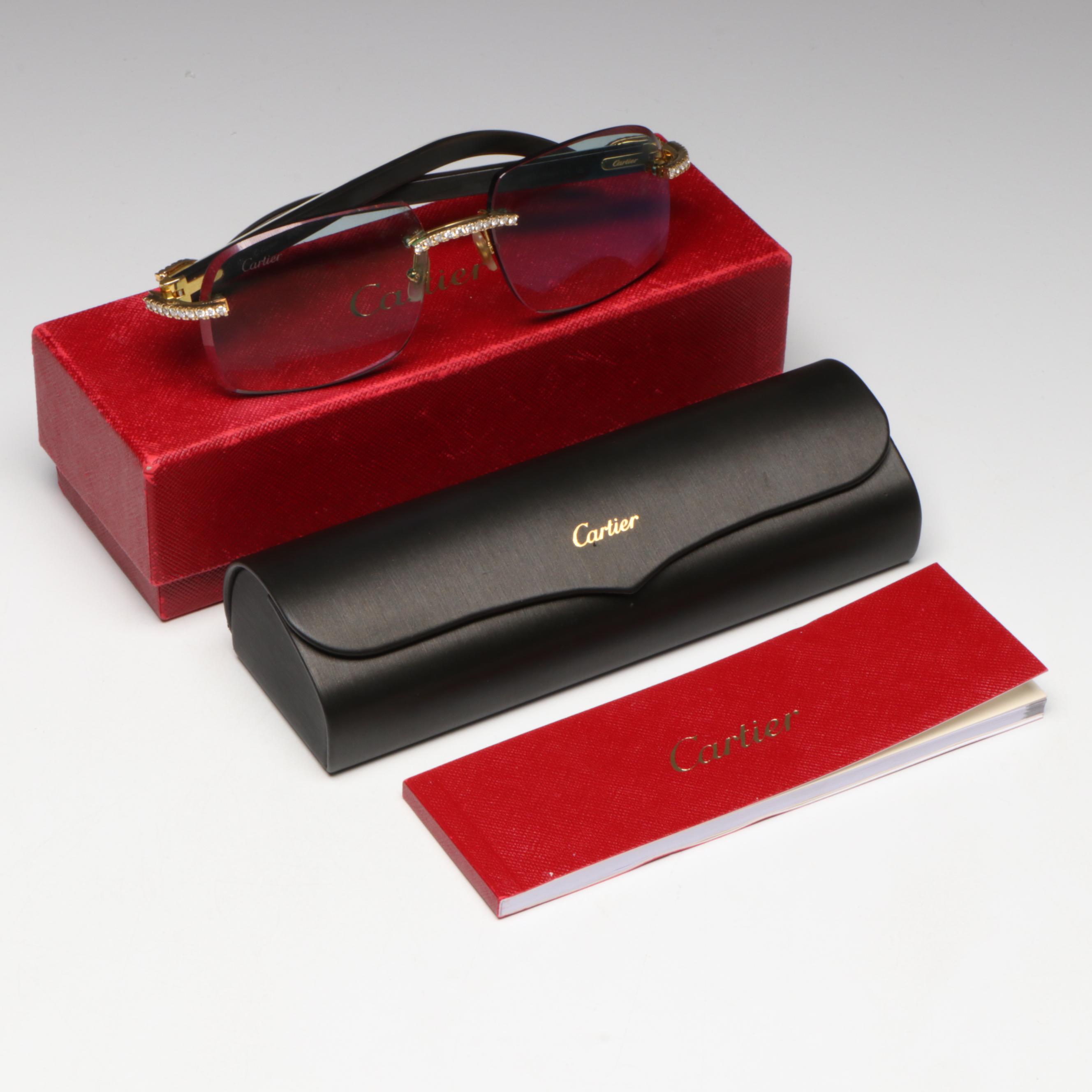 Cartier 10K Gold 1.60 CTW Diamond Embellished Blue Tint Rimless Sunglasses