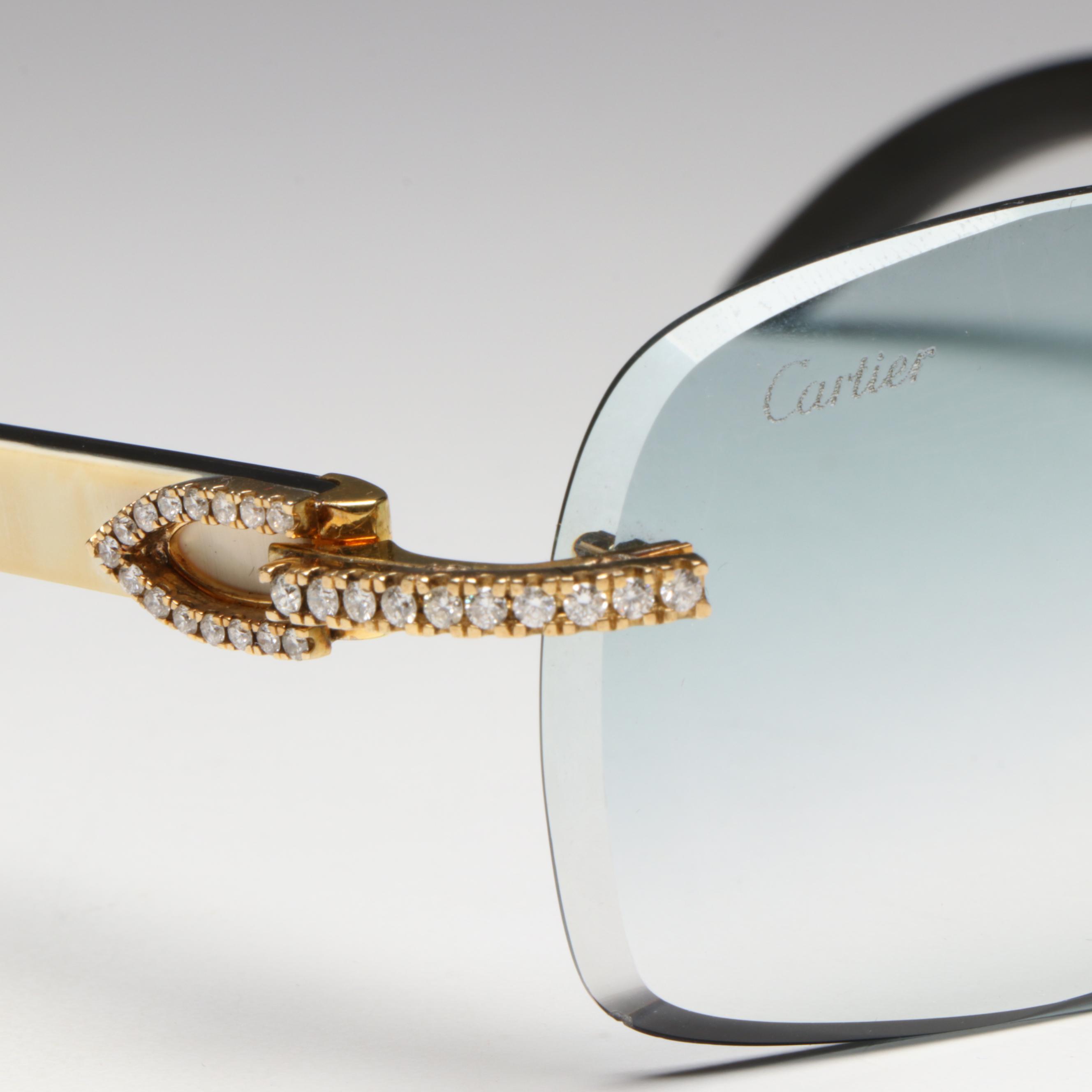Cartier 10K Gold 1.60 CTW Diamond Embellished Blue Tint Rimless Sunglasses