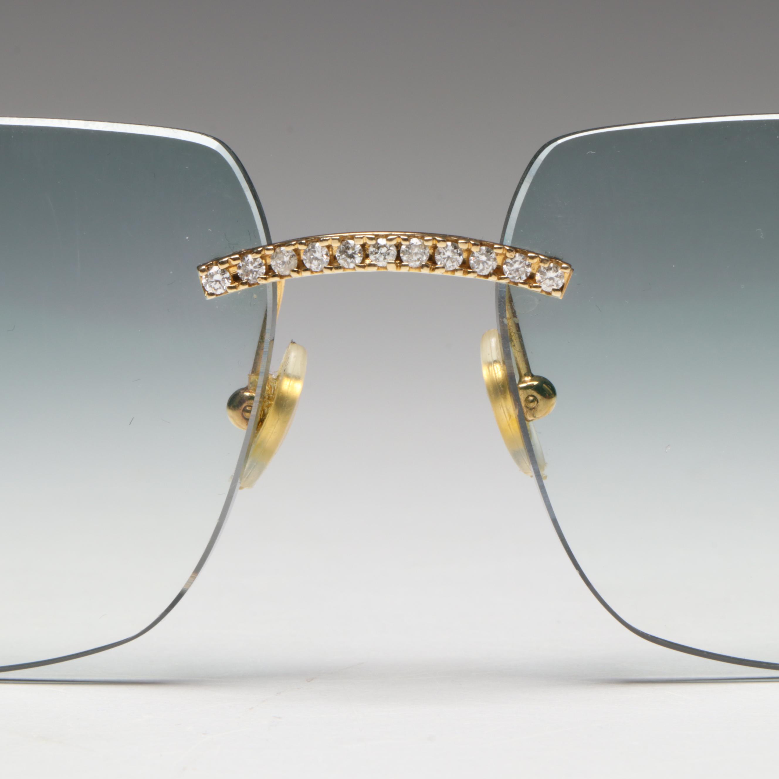 Cartier 10K Gold 1.60 CTW Diamond Embellished Blue Tint Rimless Sunglasses