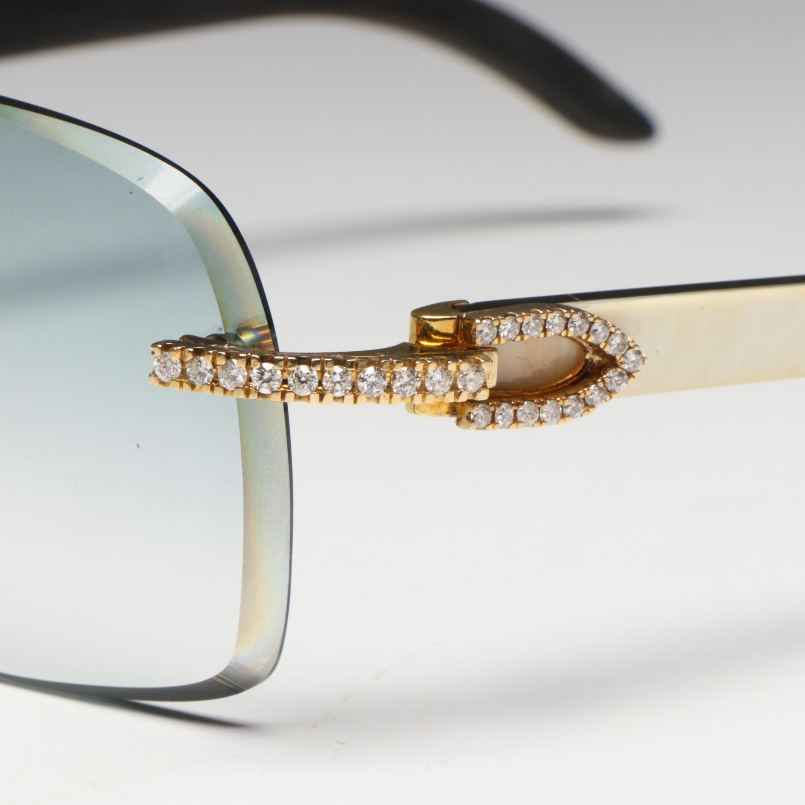 Cartier 10K Gold 1.60 CTW Diamond Embellished Blue Tint Rimless Sunglasses