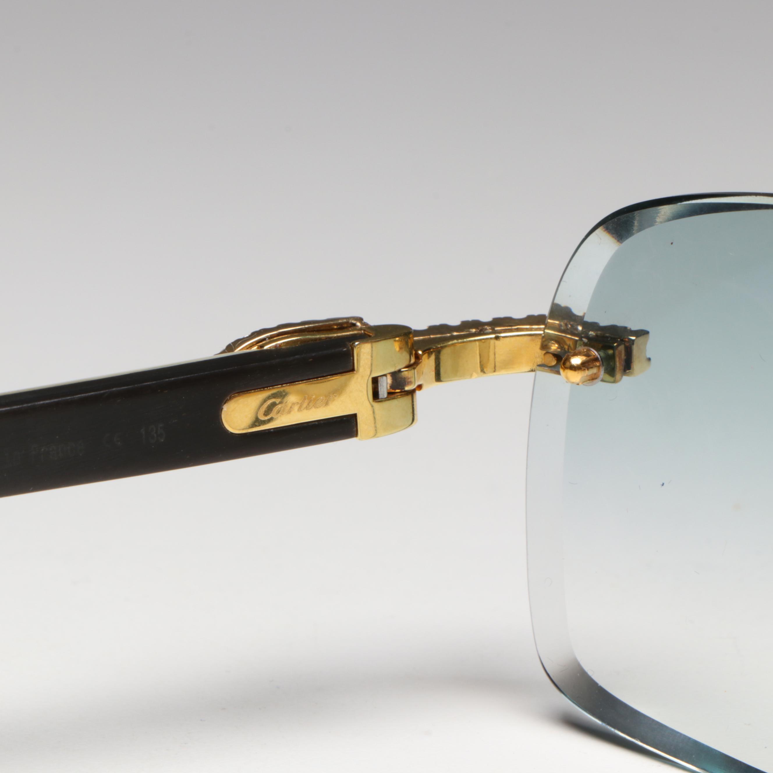 Cartier 10K Gold 1.60 CTW Diamond Embellished Blue Tint Rimless Sunglasses