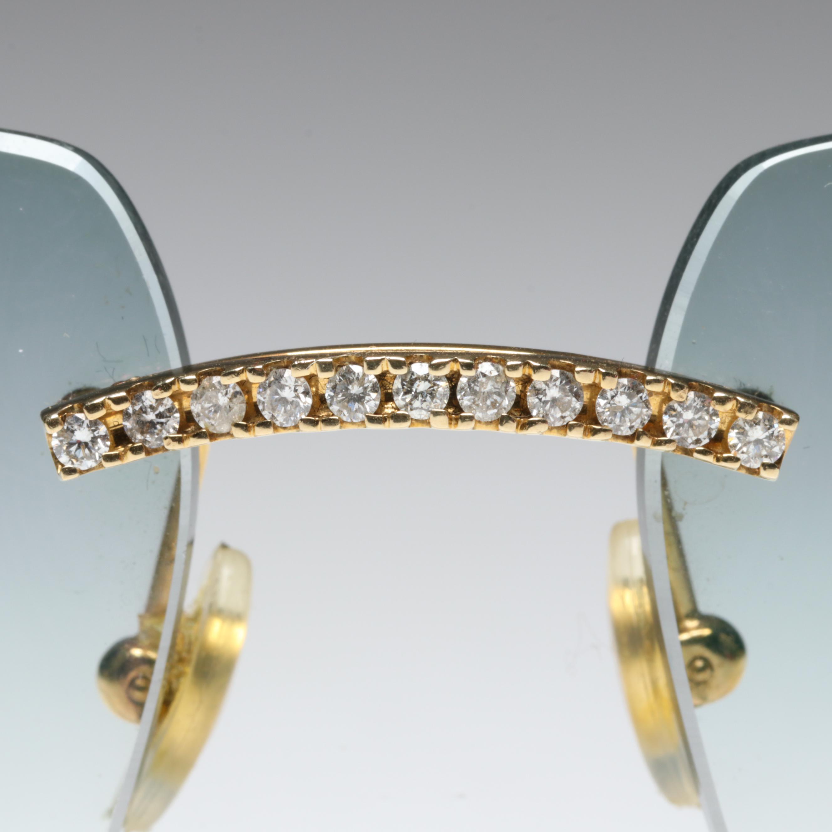 Cartier 10K Gold 1.60 CTW Diamond Embellished Blue Tint Rimless Sunglasses