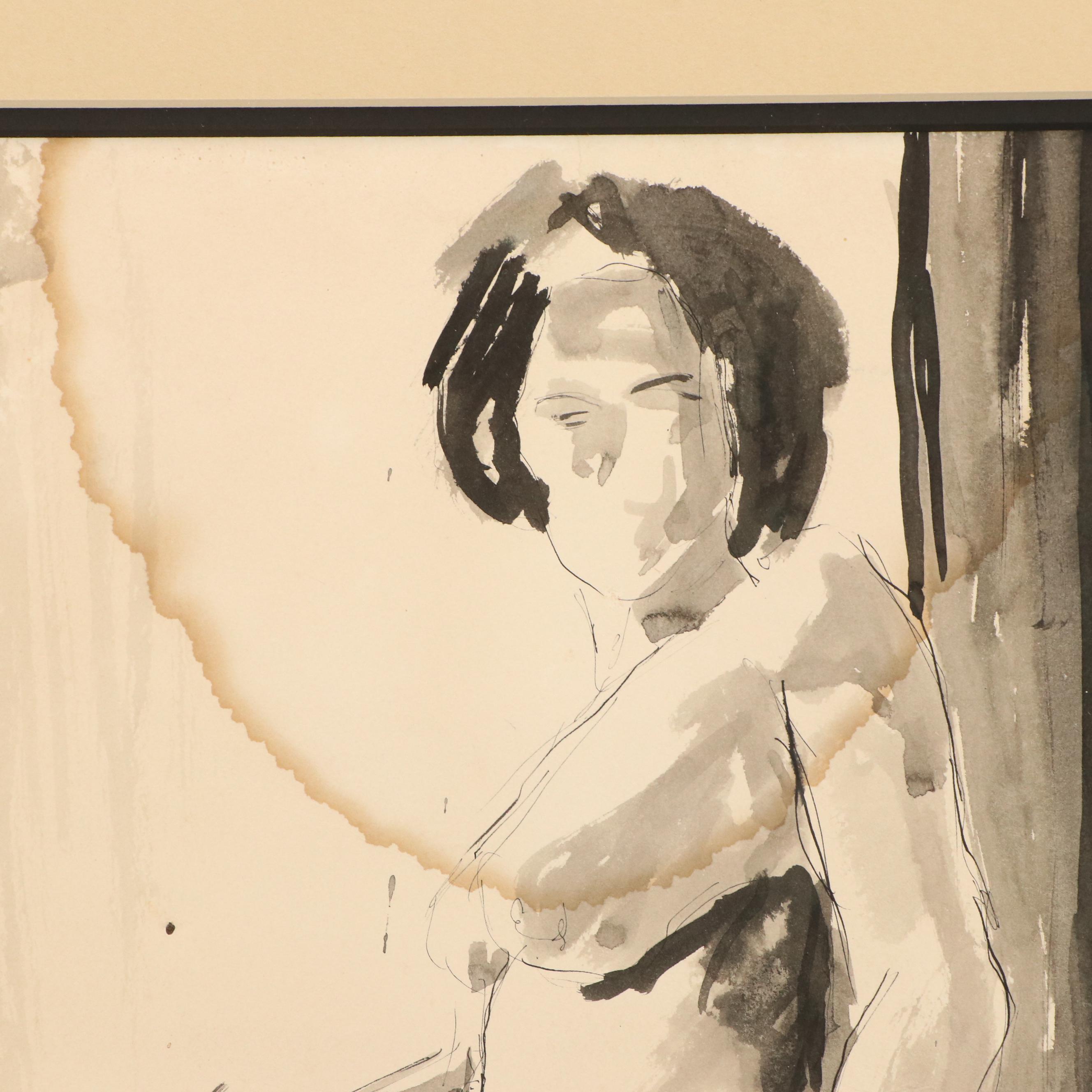 Jacques Fabert Standing Nude Ink Drawing, 1978