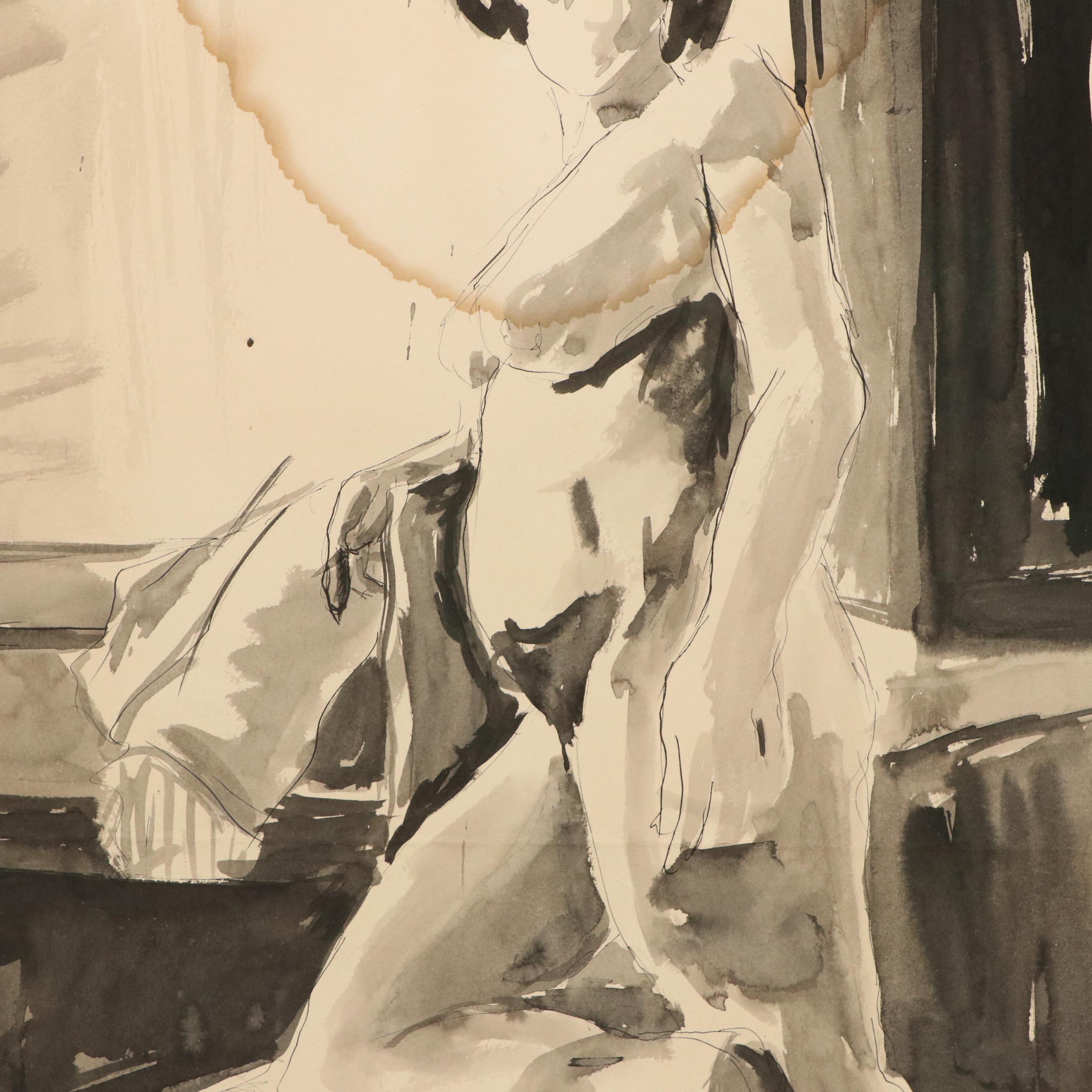 Jacques Fabert Standing Nude Ink Drawing, 1978