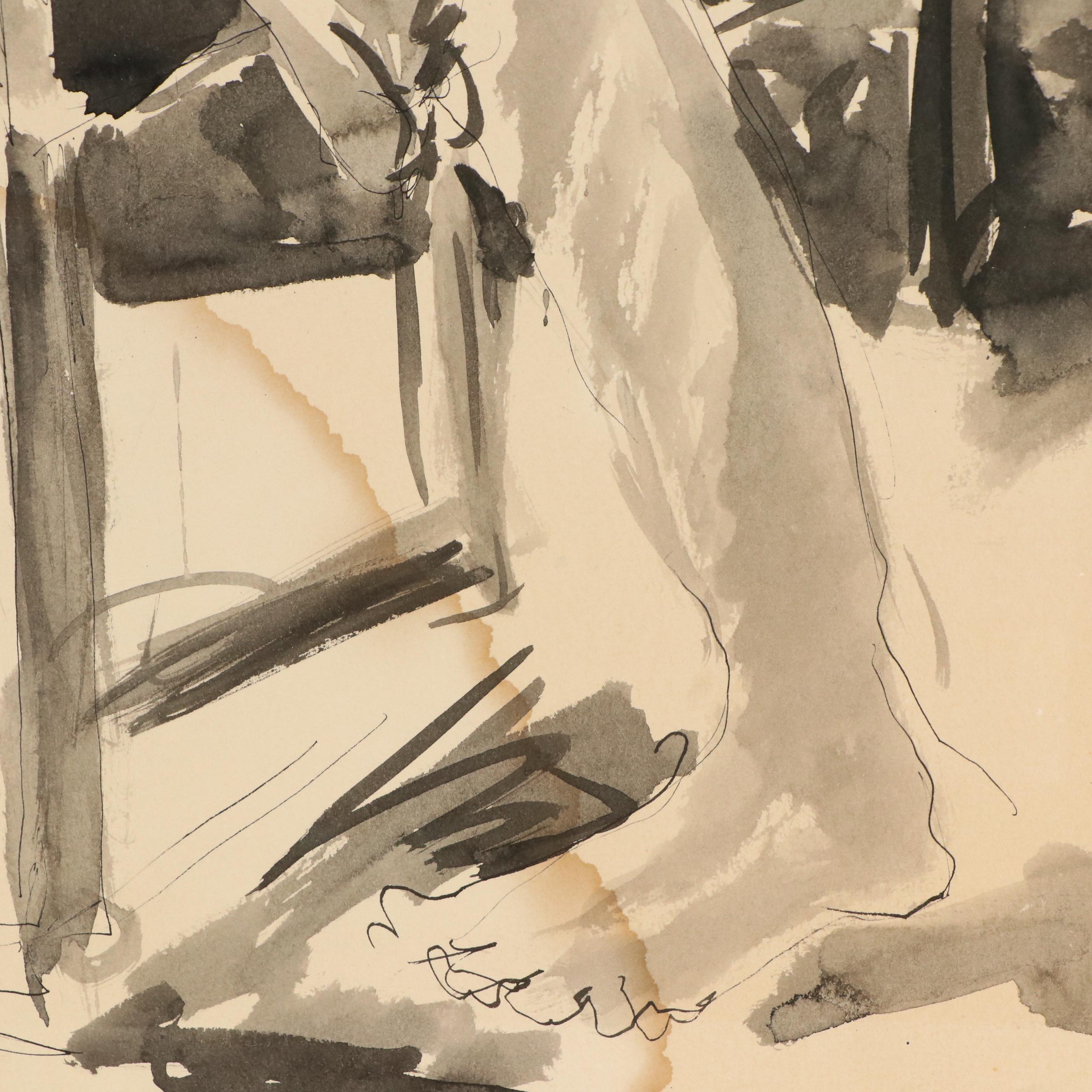 Jacques Fabert Standing Nude Ink Drawing, 1978