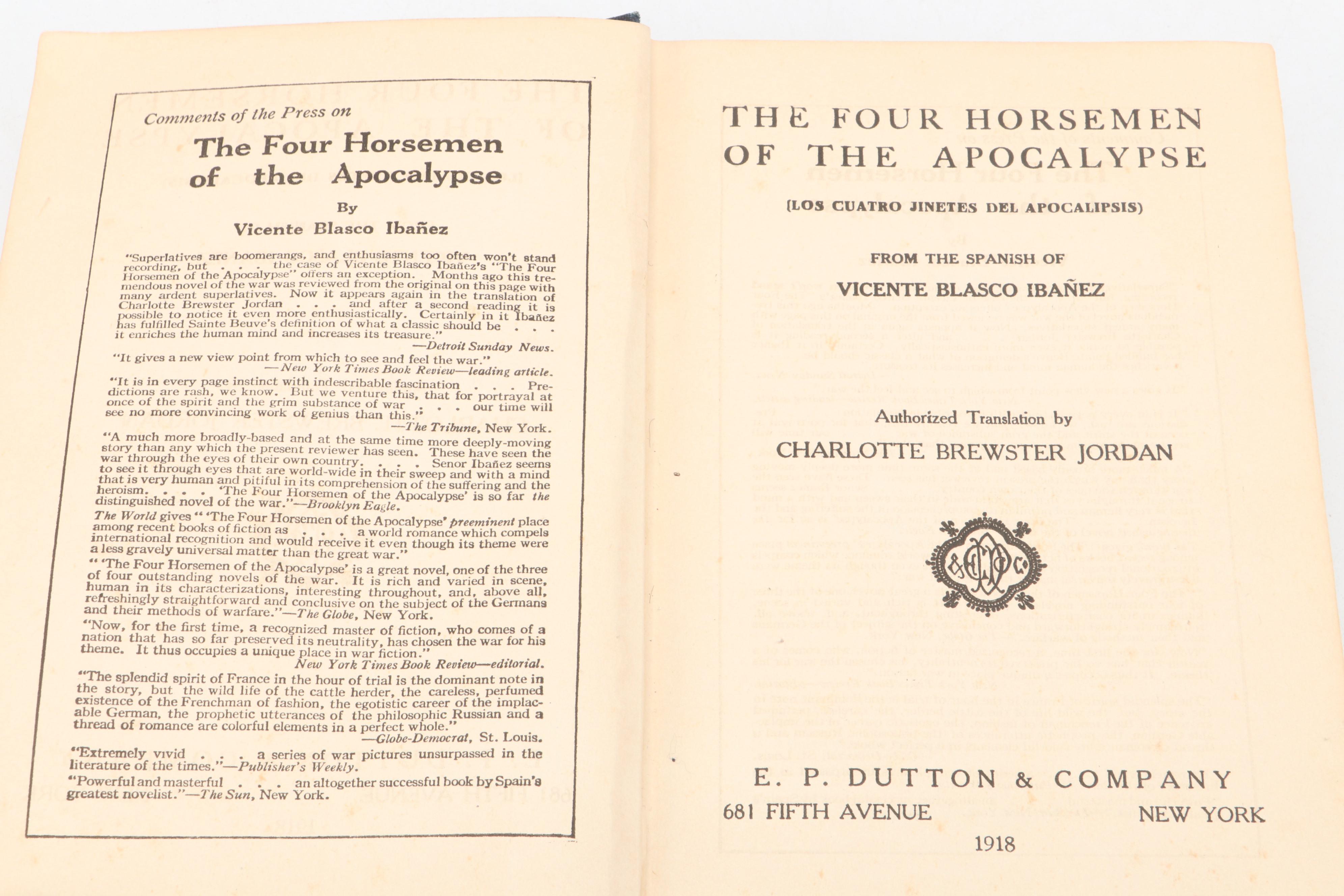 First American Edition "The Four Horsemen of the Apocalypse" by Vicente Ibáñez