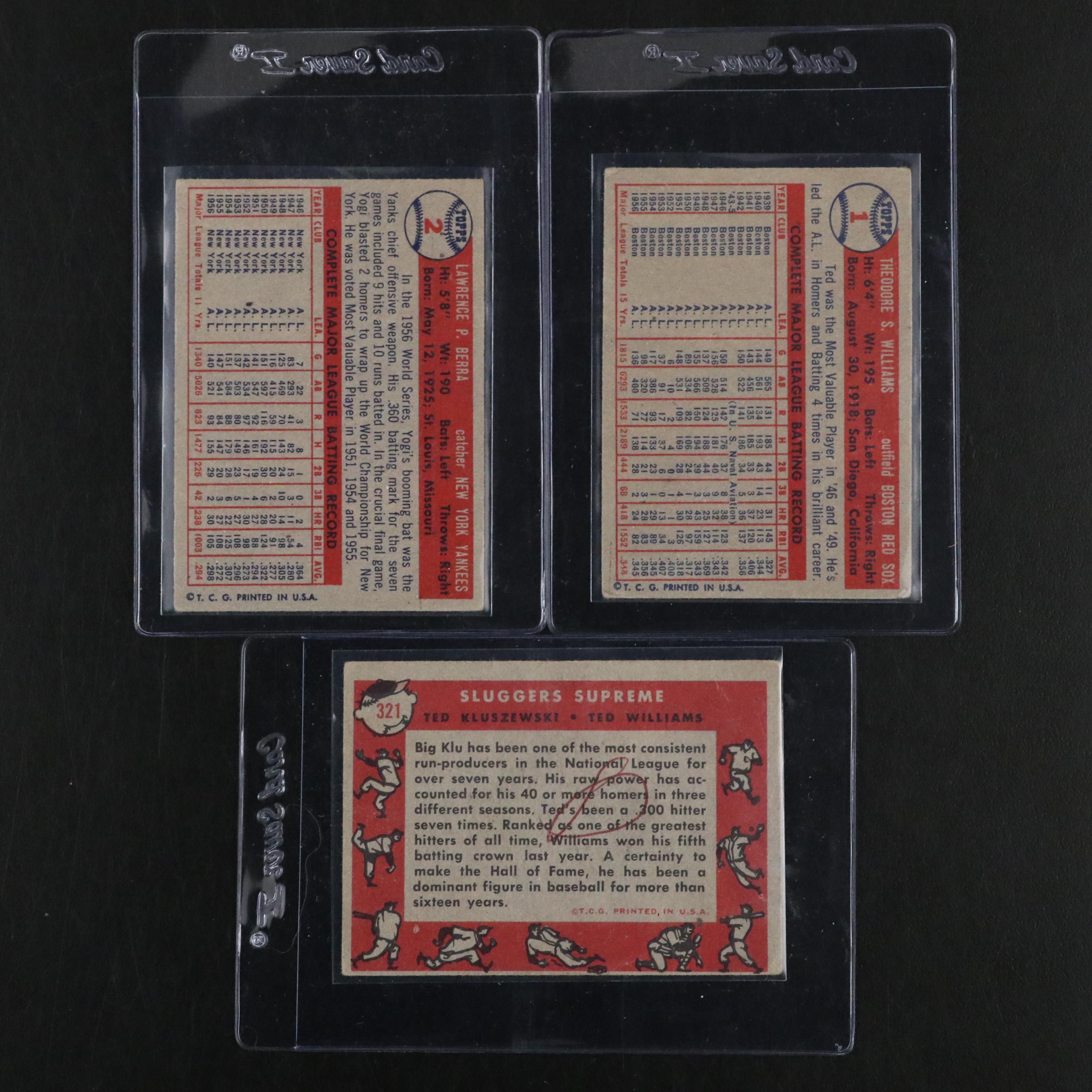 1957 and 1958 Topps Ted Williams, Yogi Berra, and Ted Kluszewski Baseball Cards