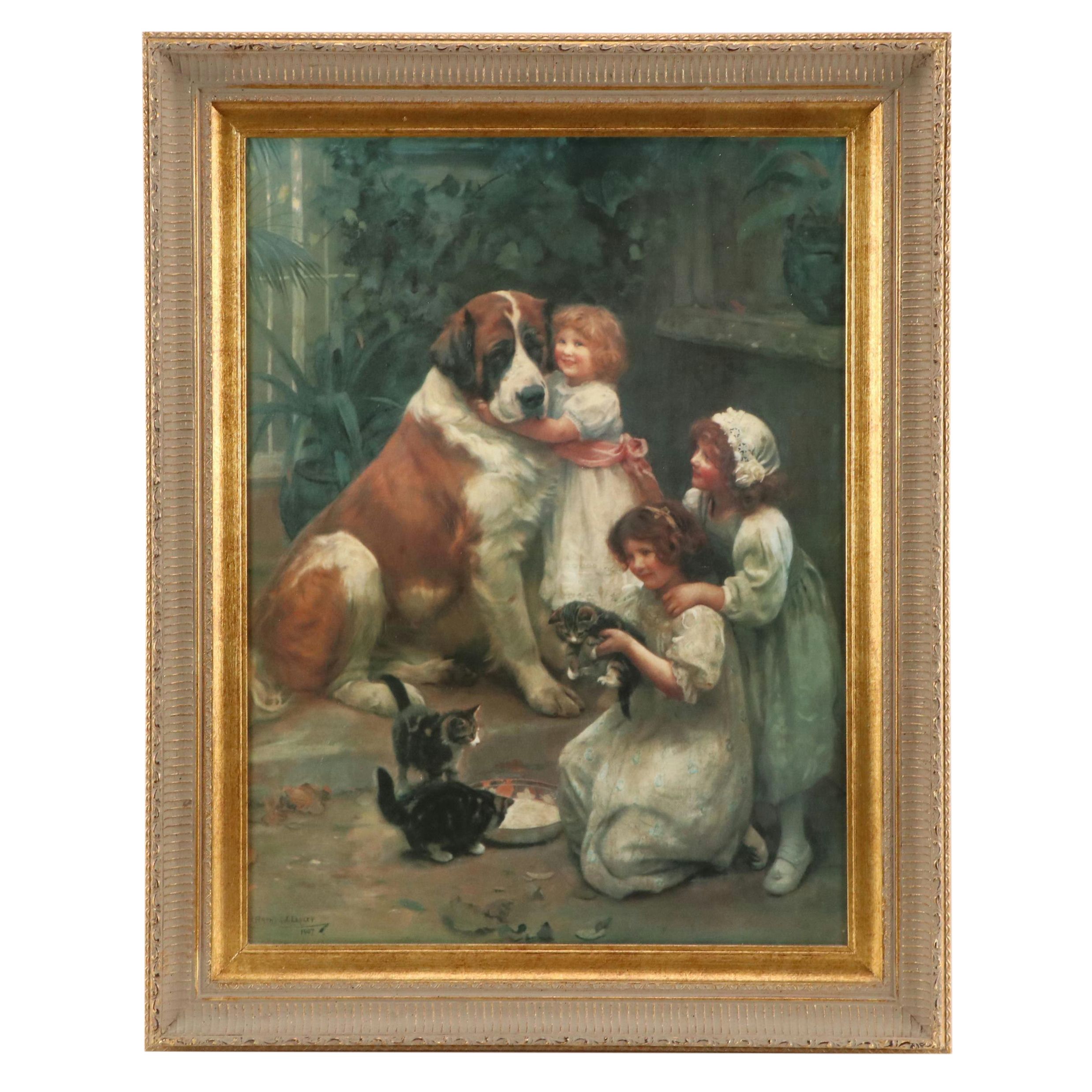 Embellished Offset Lithograph After Arthur John Elsley, "Never Mind"