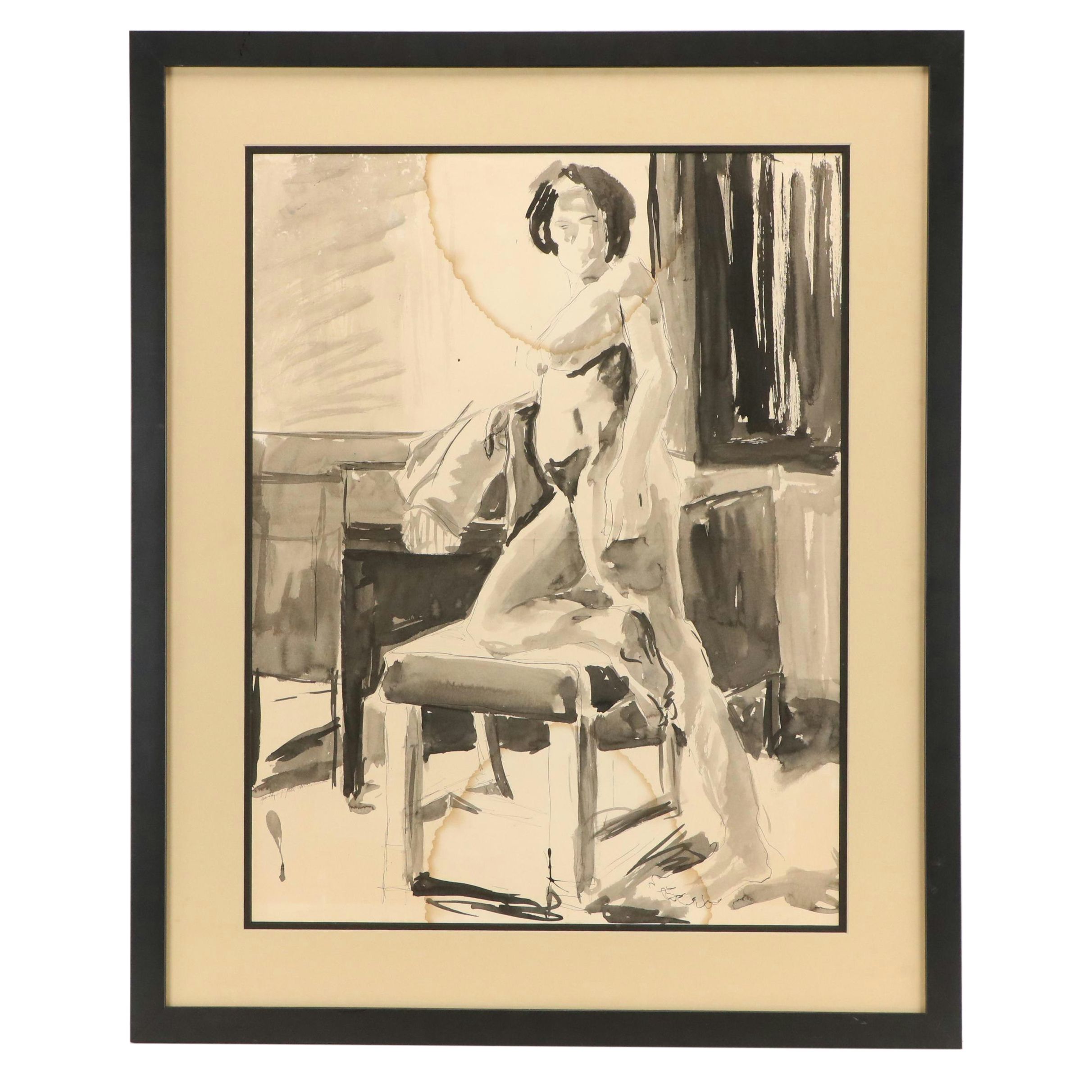 Jacques Fabert Standing Nude Ink Drawing, 1978